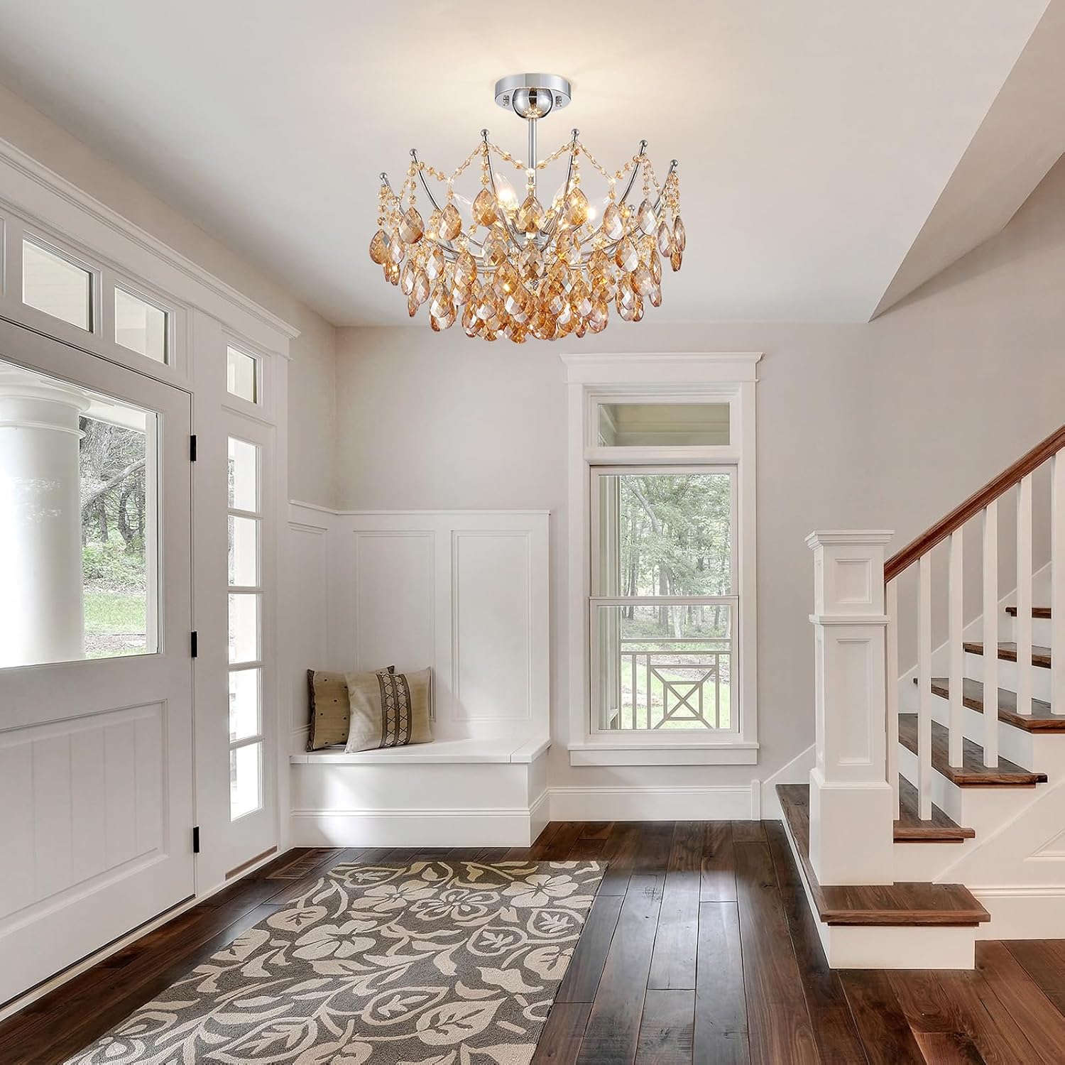 Modern Semi Flush Mount Crystal Ceiling Light – 19.7” Round Gold Crystal Fixture, E12 Base, 40W Max, Compatible with Warm/Natural/Cool Bulbs