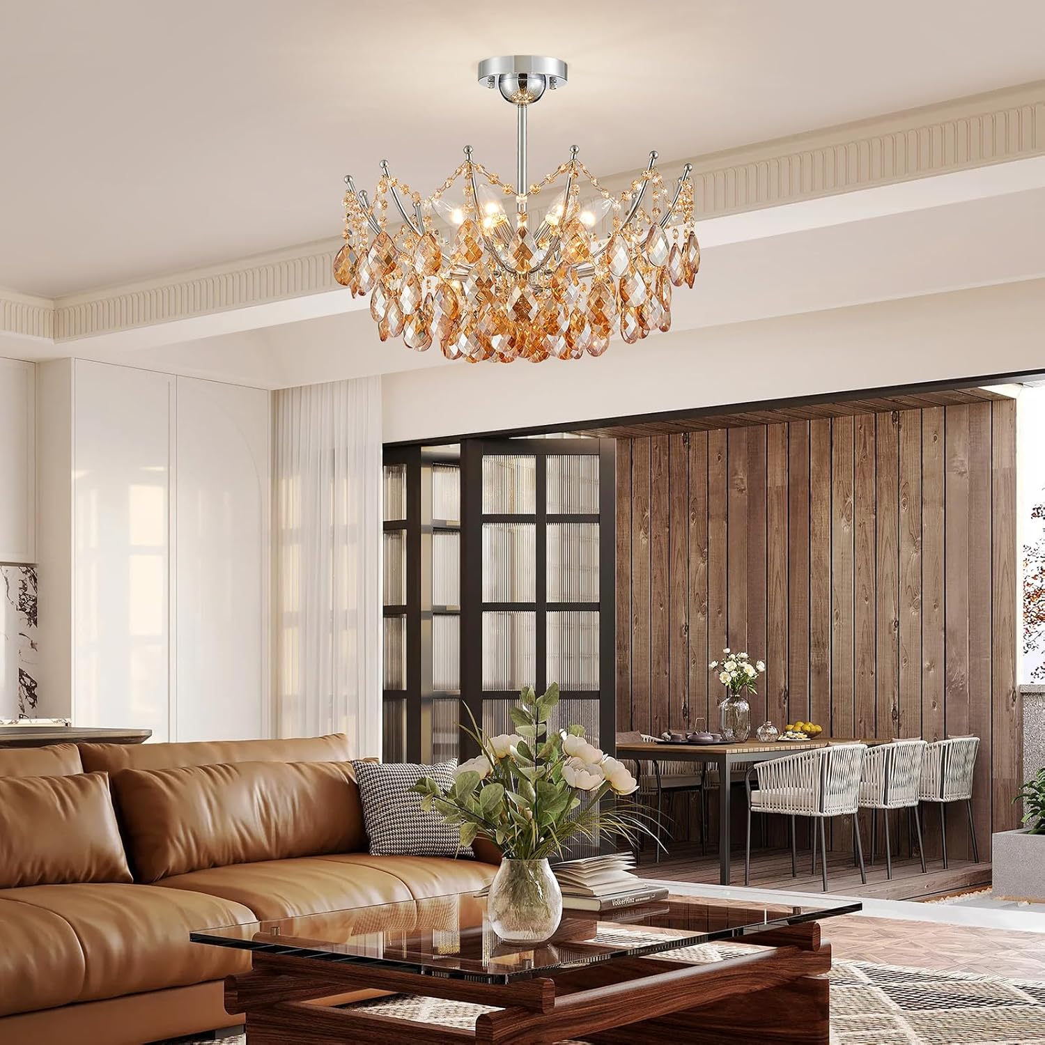 Modern Semi Flush Mount Crystal Ceiling Light – 19.7” Round Gold Crystal Fixture, E12 Base, 40W Max, Compatible with Warm/Natural/Cool Bulbs