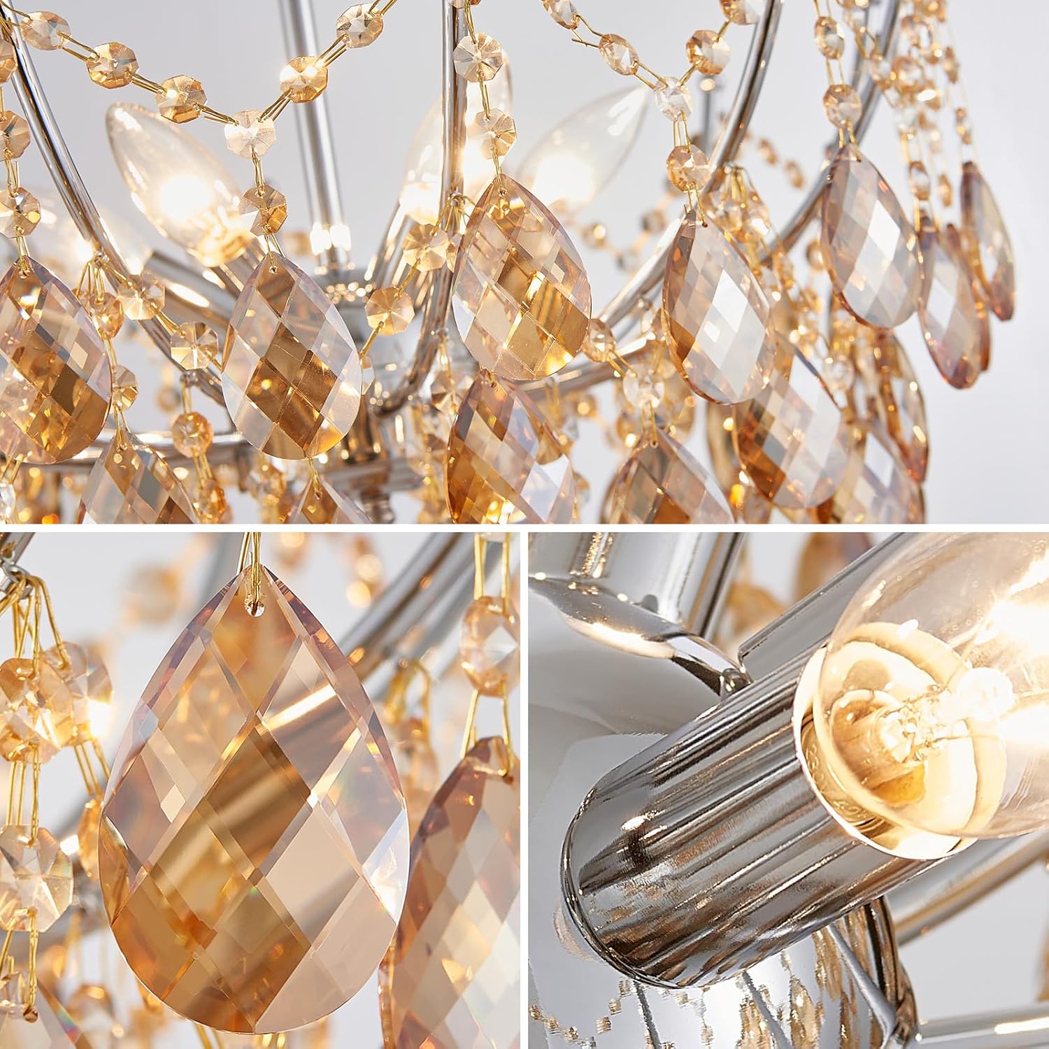 Modern Semi Flush Mount Crystal Ceiling Light – 19.7” Round Gold Crystal Fixture, E12 Base, 40W Max, Compatible with Warm/Natural/Cool Bulbs