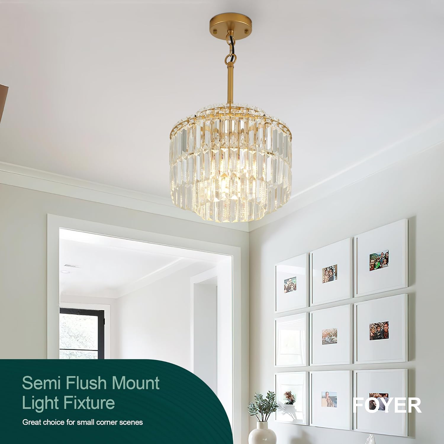 Modern Semi Flush Mount Crystal Chandelier – Adjustable Gold Ceiling Light with 3-Tier K9 Glass, 4-Light E12 Fixture for Hallway, Foyer, Bedroom