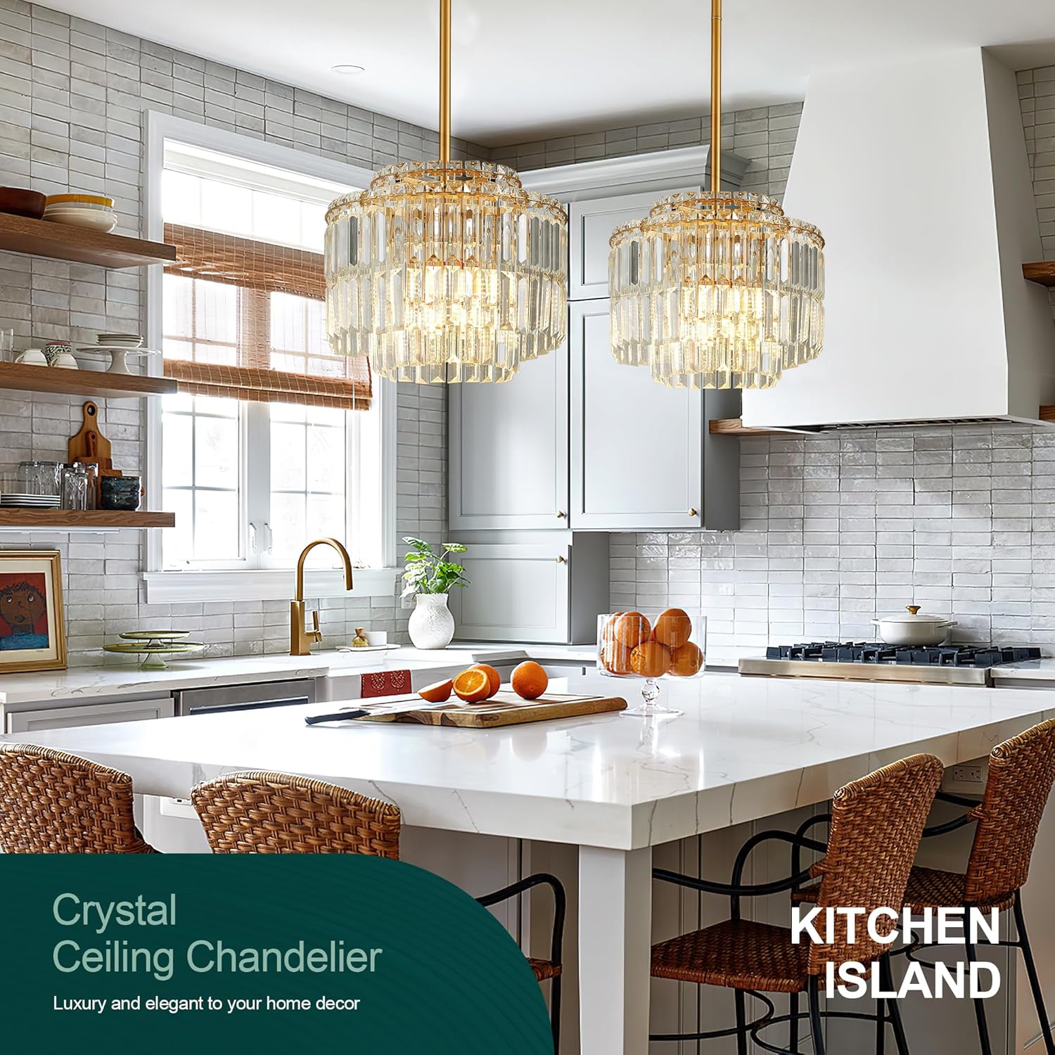 Modern Semi Flush Mount Crystal Chandelier – Adjustable Gold Ceiling Light with 3-Tier K9 Glass, 4-Light E12 Fixture for Hallway, Foyer, Bedroom