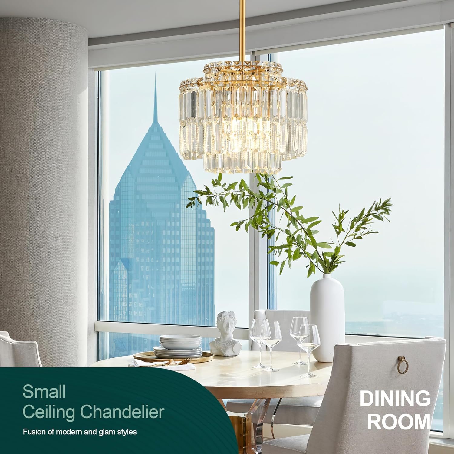 Modern Semi Flush Mount Crystal Chandelier – Adjustable Gold Ceiling Light with 3-Tier K9 Glass, 4-Light E12 Fixture for Hallway, Foyer, Bedroom