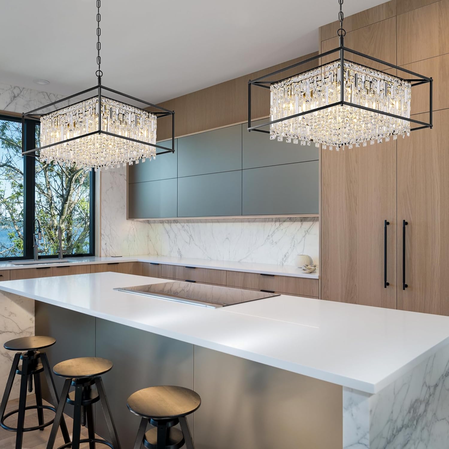 Modern Square K9 Crystal Pendant Light - Black Frame, Adjustable Height, E26 Base