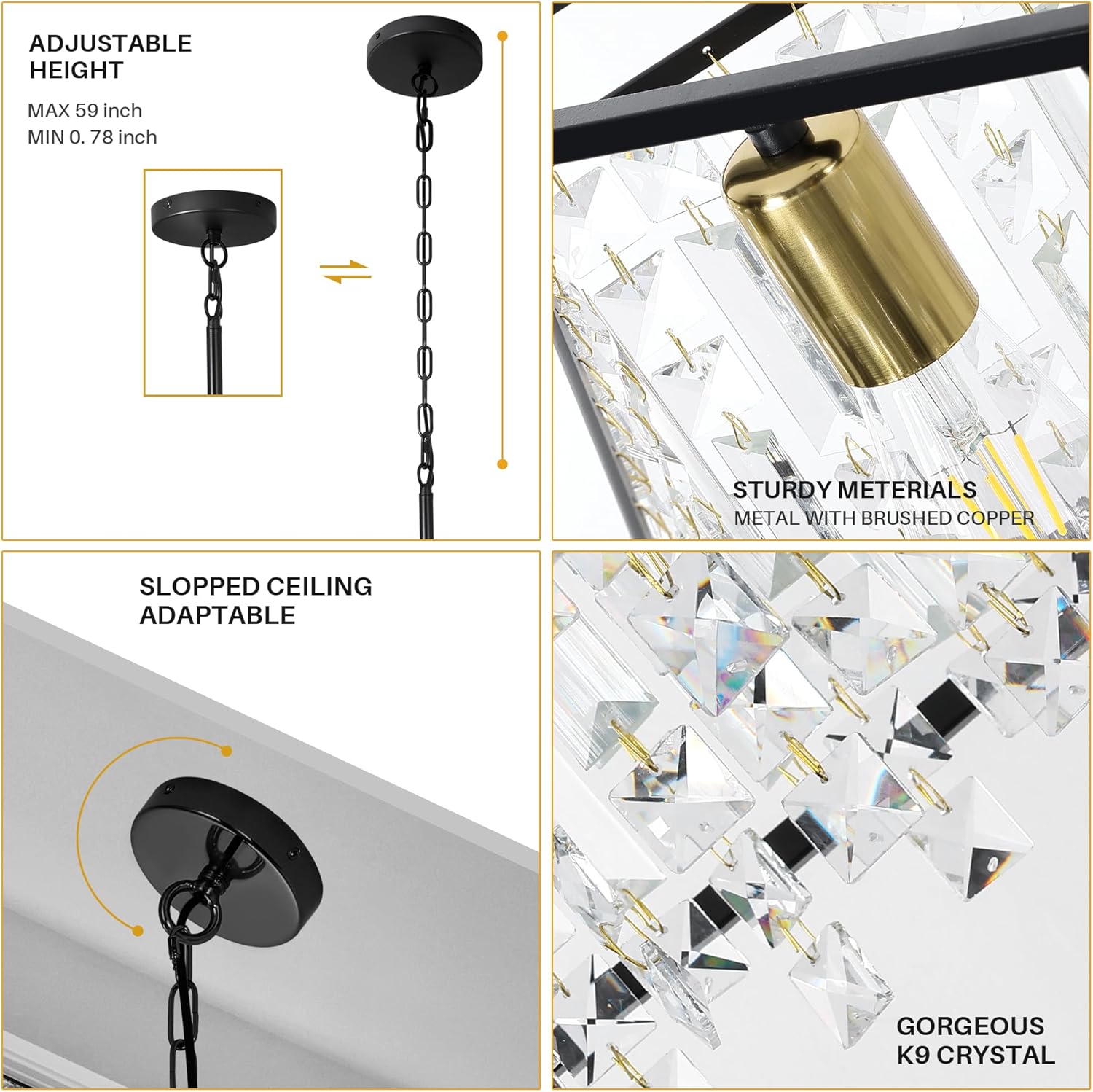 Modern Square K9 Crystal Pendant Light - Black Frame, Adjustable Height, E26 Base