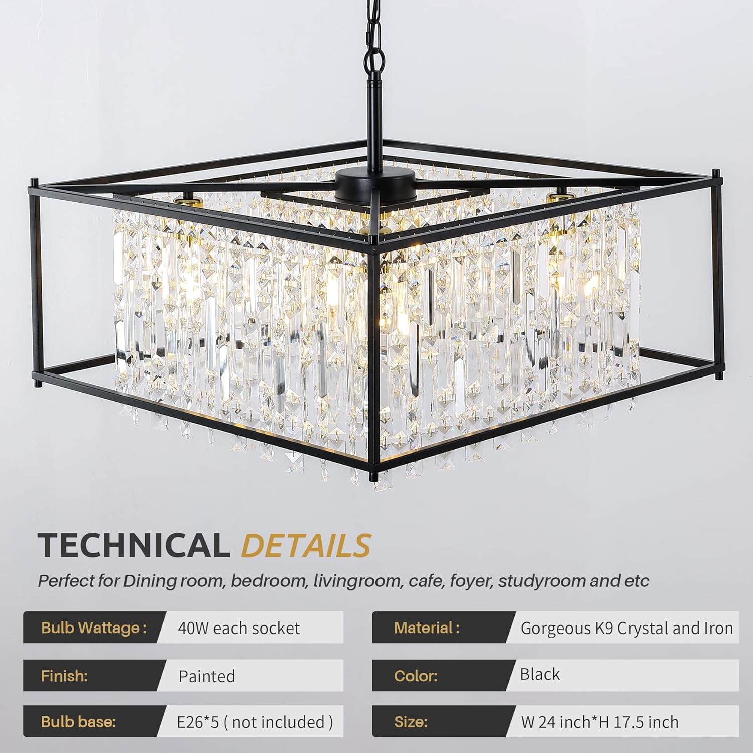 Modern Square K9 Crystal Pendant Light - Black Frame, Adjustable Height, E26 Base