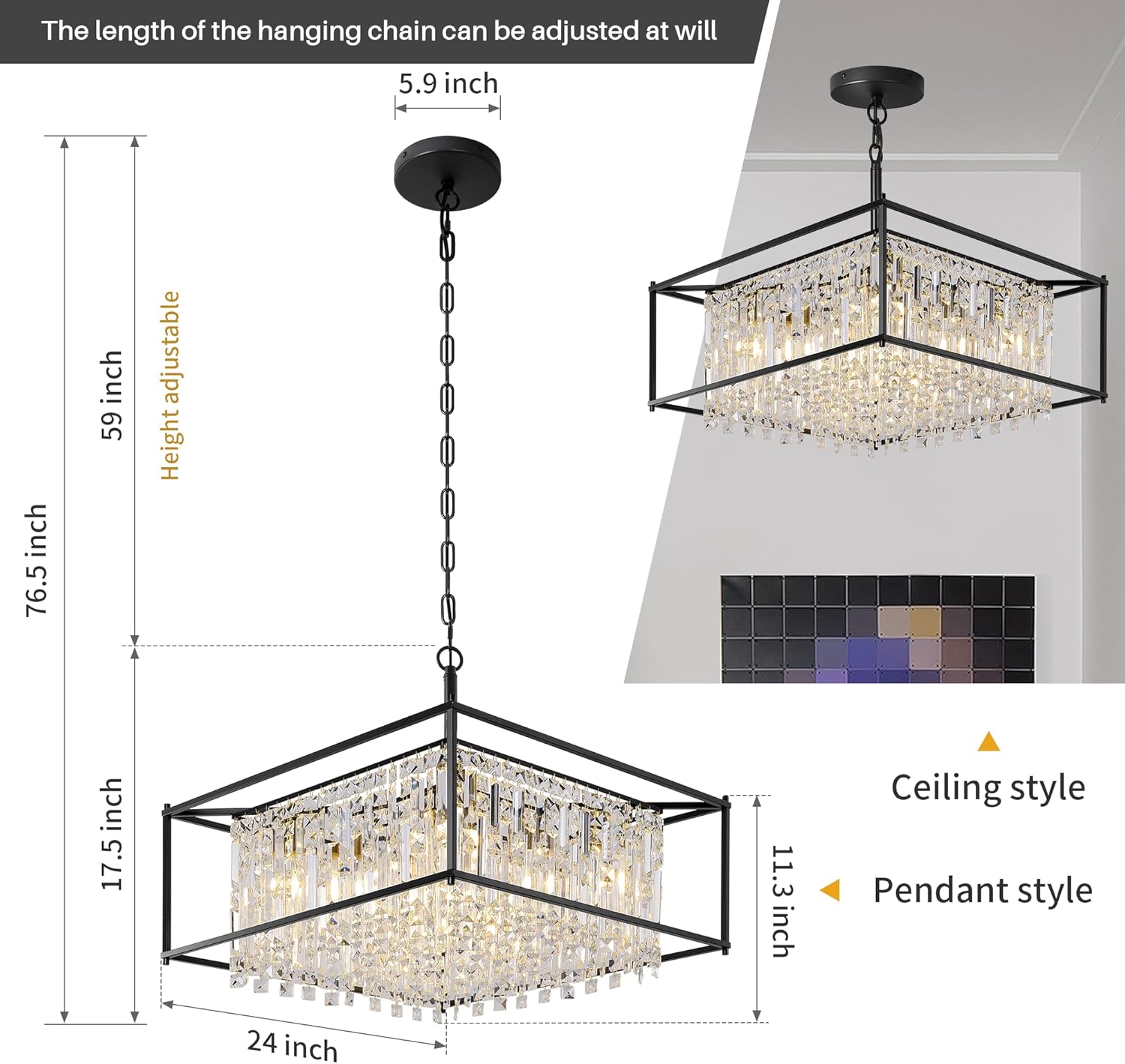 Modern Square K9 Crystal Pendant Light - Black Frame, Adjustable Height, E26 Base