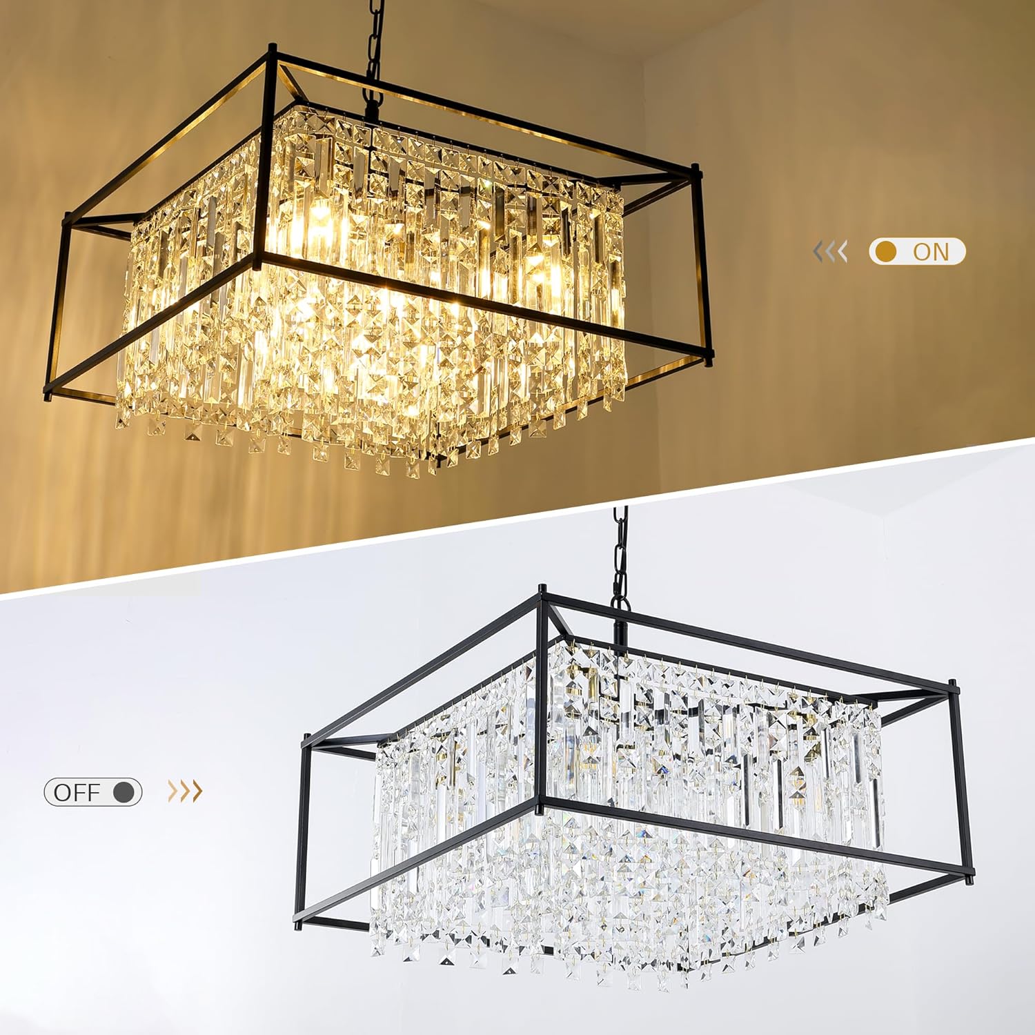 Modern Square K9 Crystal Pendant Light - Black Frame, Adjustable Height, E26 Base