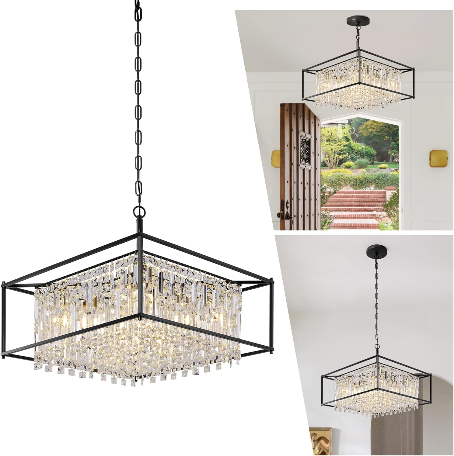 Modern Square K9 Crystal Pendant Light - Black Frame, Adjustable Height, E26 Base