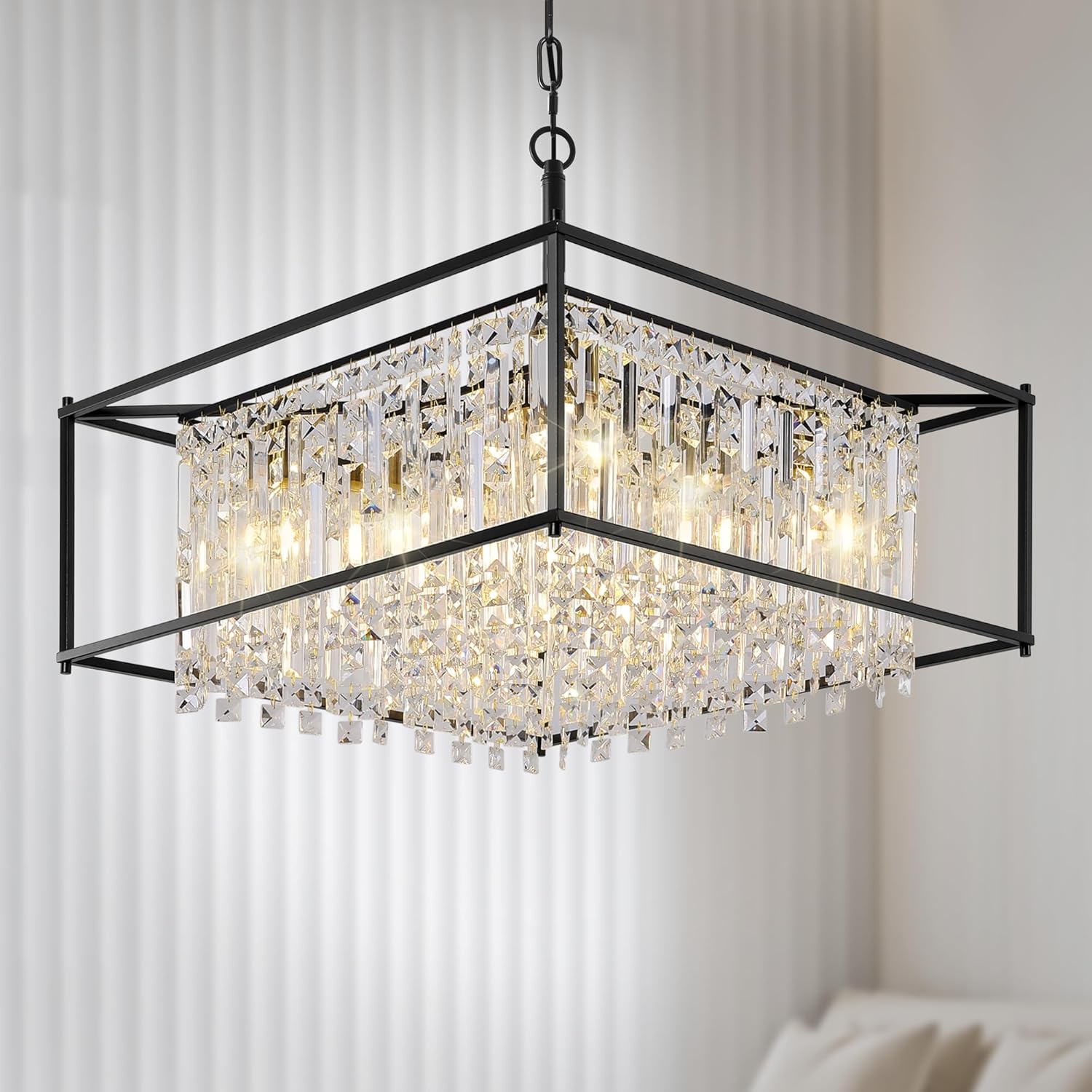 Modern Square K9 Crystal Pendant Light - Black Frame, Adjustable Height, E26 Base