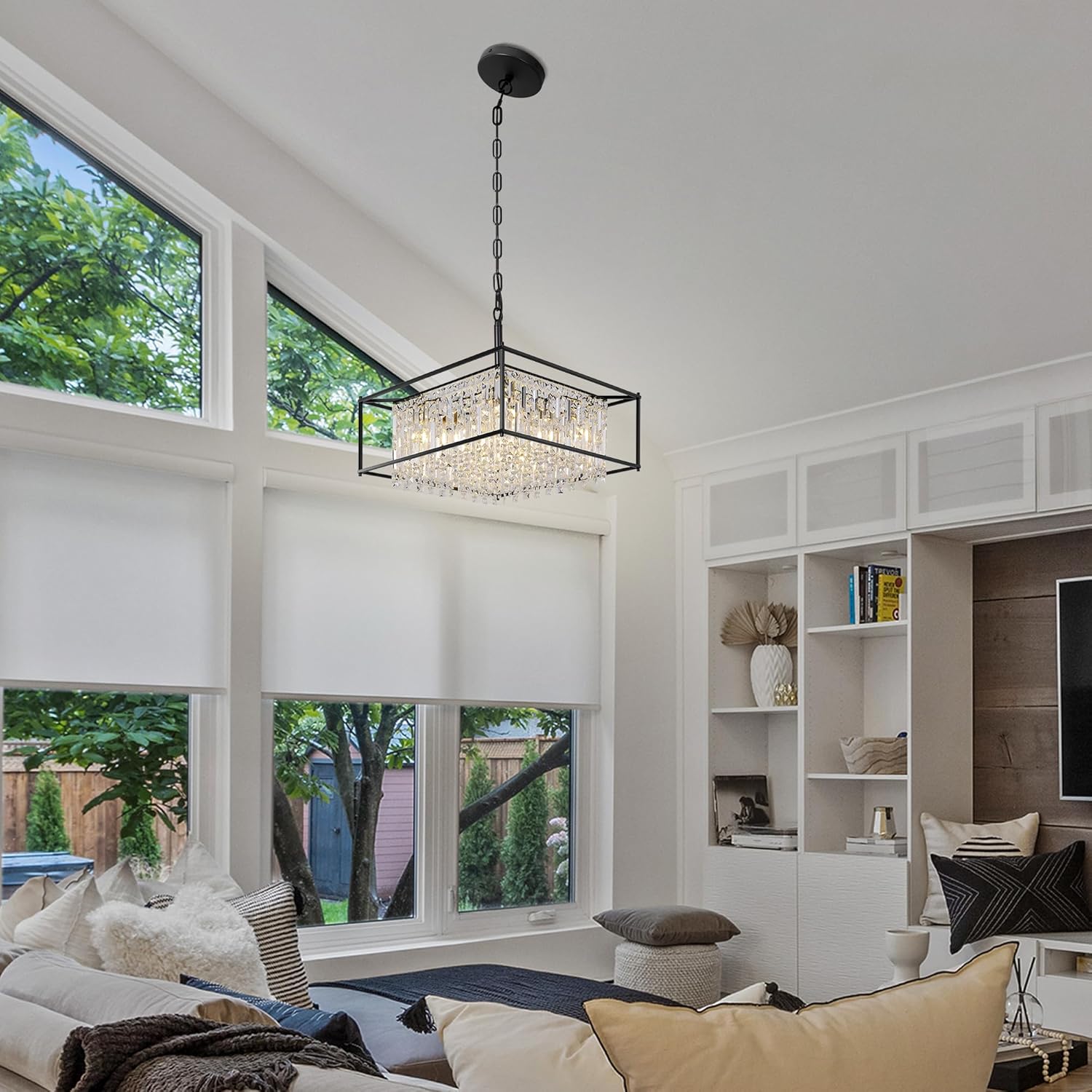 Modern Square K9 Crystal Pendant Light - Black Frame, Adjustable Height, E26 Base