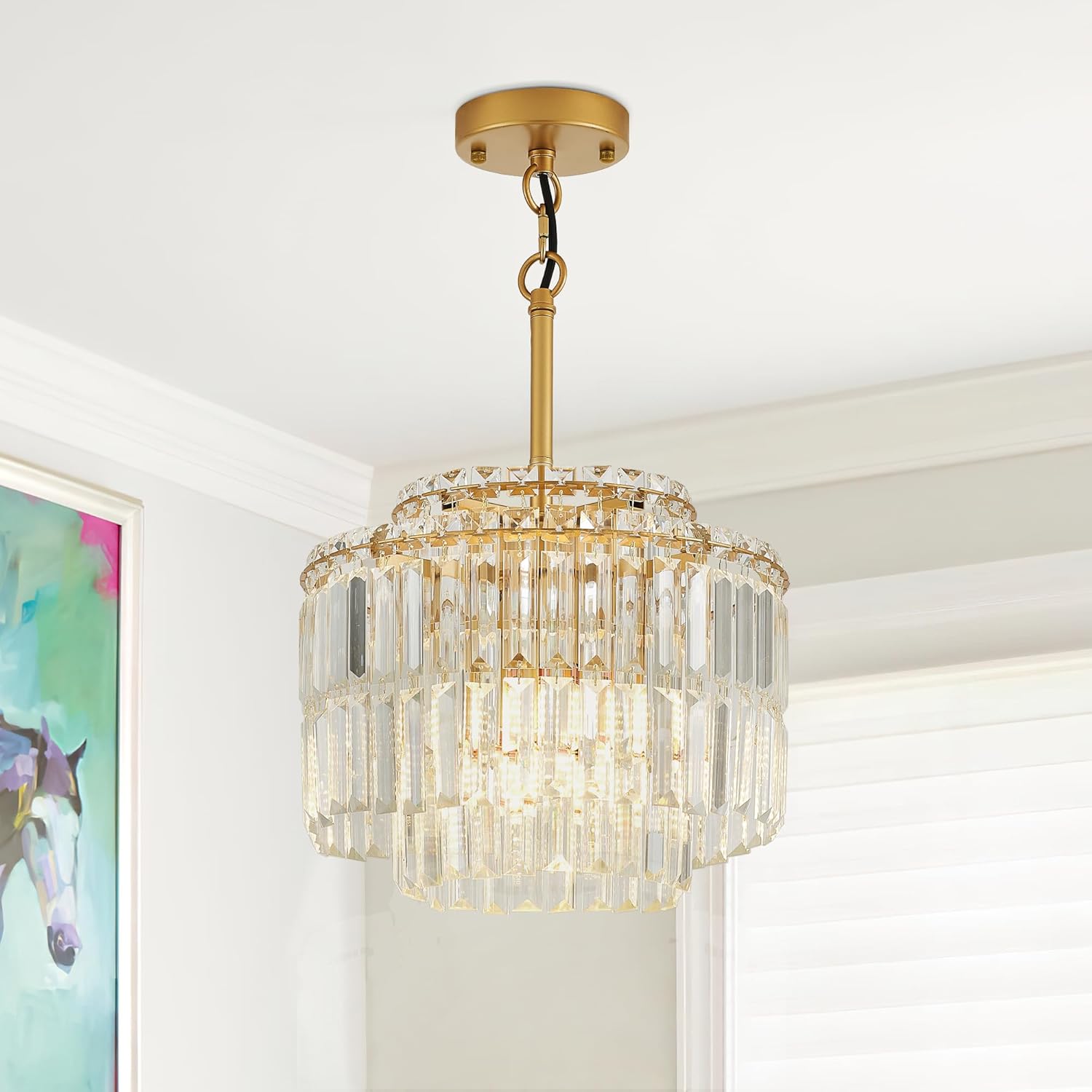 Luxury Gold Crystal Chandelier - Modern Tiered Pendant Light with Adjustable Height, Dimmable LED, E12 Socket for Bedroom, Hallway, Balcony