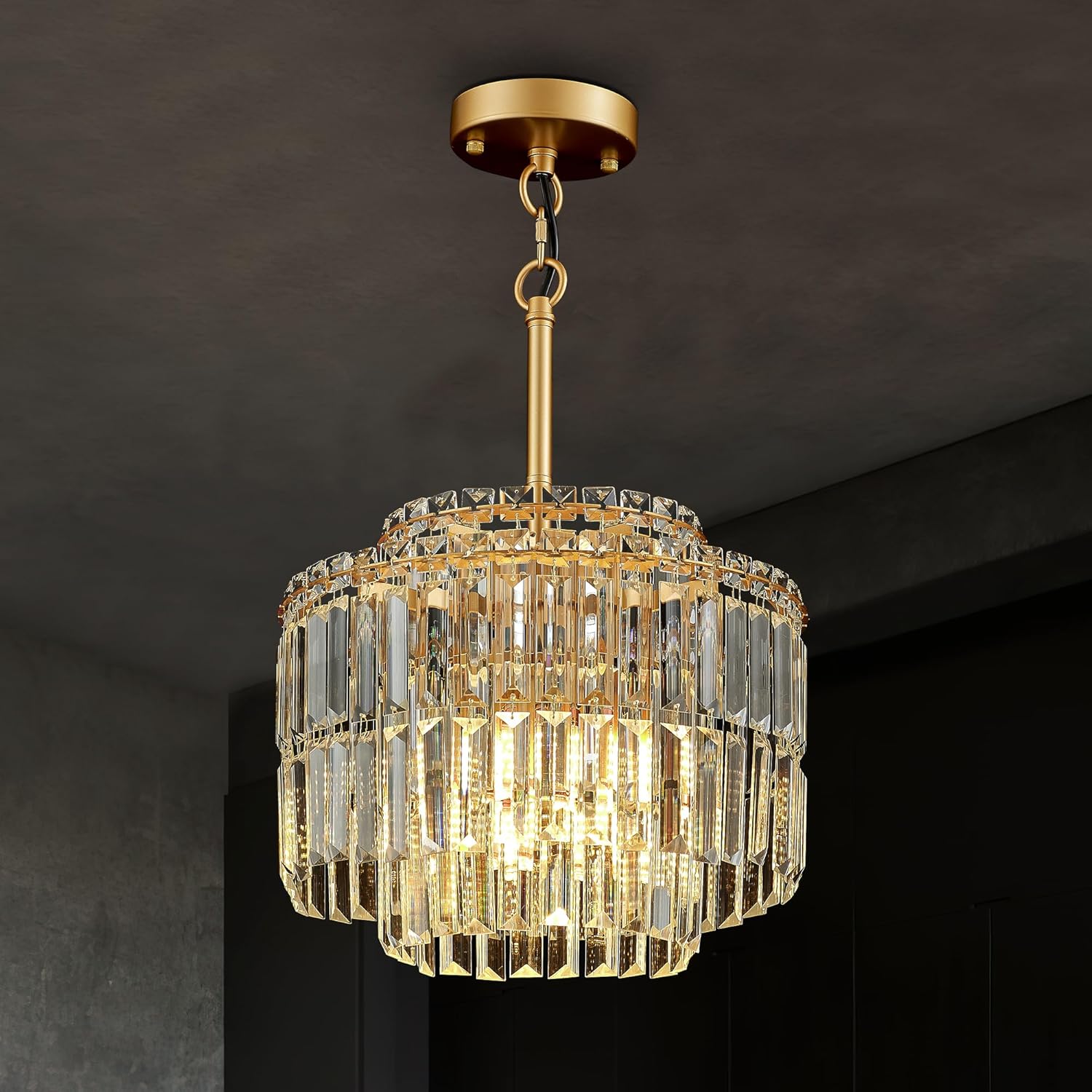 Luxury Gold Crystal Chandelier - Modern Tiered Pendant Light with Adjustable Height, Dimmable LED, E12 Socket for Bedroom, Hallway, Balcony