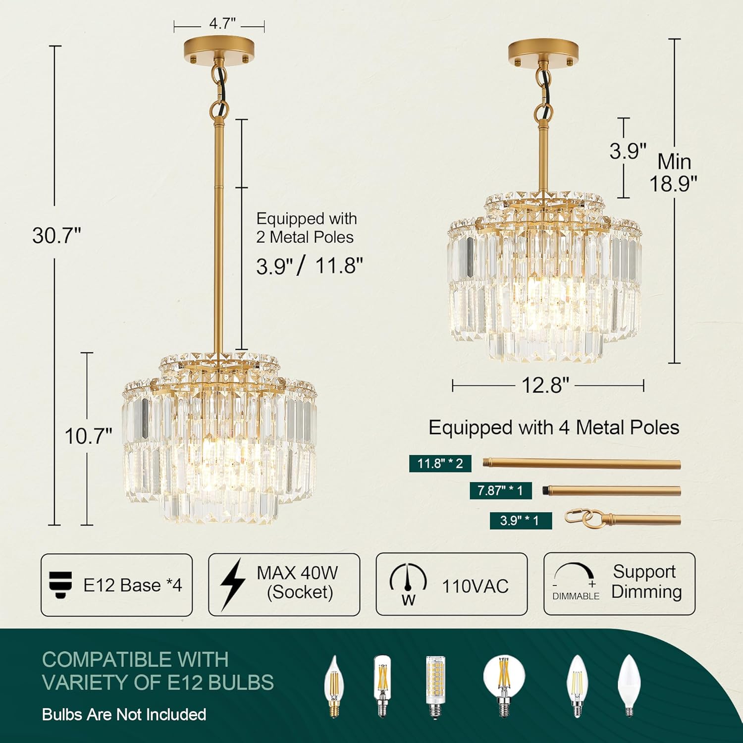 Luxury Gold Crystal Chandelier - Modern Tiered Pendant Light with Adjustable Height, Dimmable LED, E12 Socket for Bedroom, Hallway, Balcony