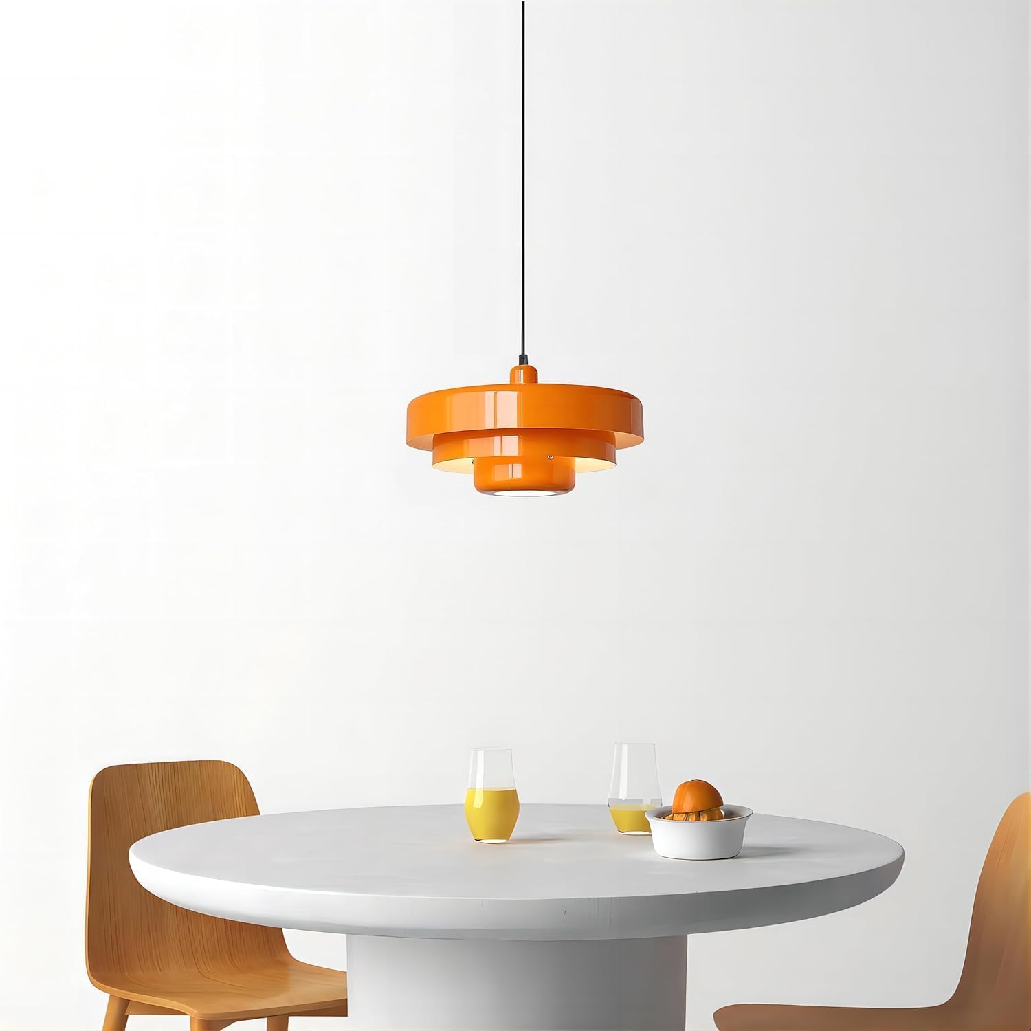 Glossy Orange Retro Pendant Light - Modern Tiered Round Metal E26 Hanging Lamp