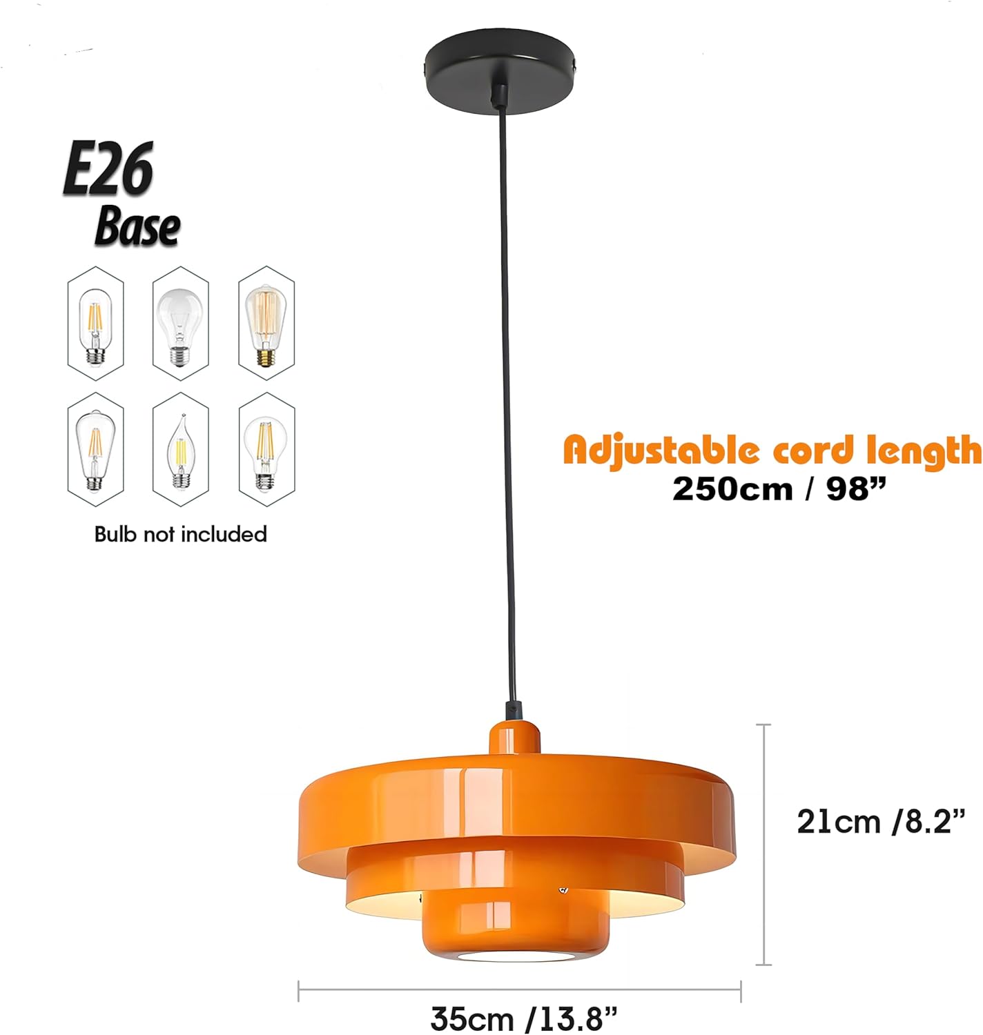 Glossy Orange Retro Pendant Light - Modern Tiered Round Metal E26 Hanging Lamp