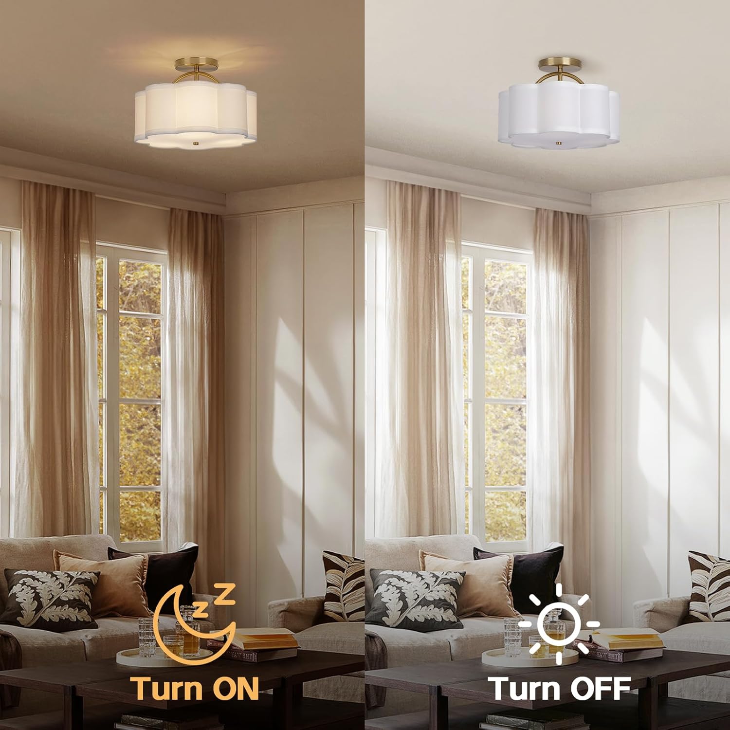 Modern Semi-Flush Ceiling Light – 3-Light White Fabric Drum Fixture with Gold Accents