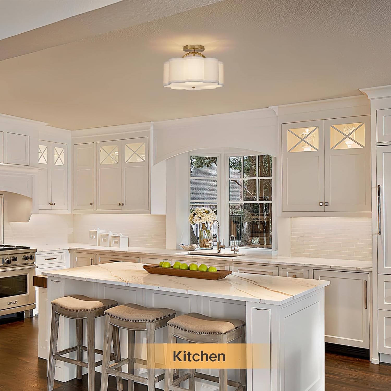 Modern Semi-Flush Ceiling Light – 3-Light White Fabric Drum Fixture with Gold Accents