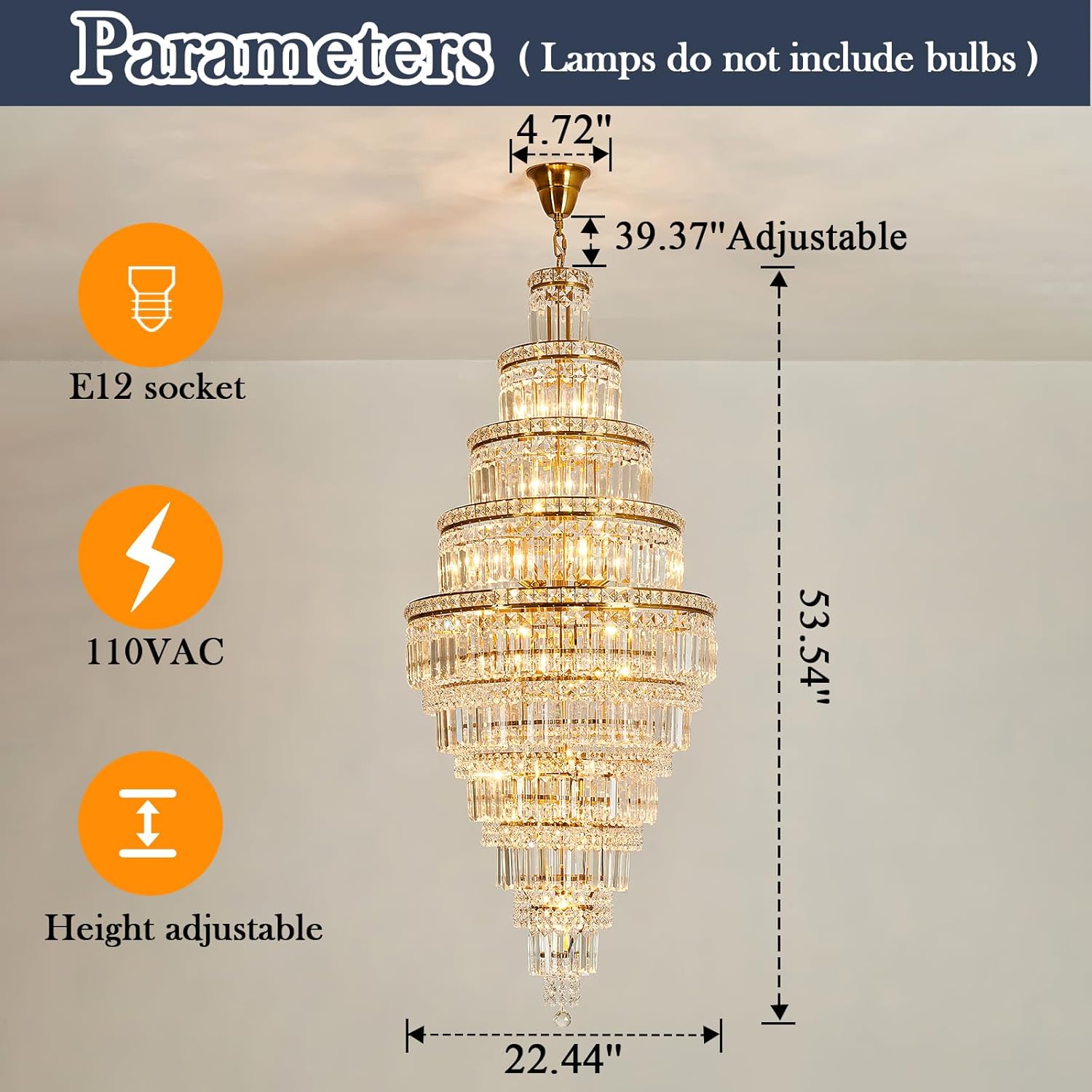 Multi-Layer Spiral Gold Crystal Chandelier - 22in Wide x 53in Tall Luxury Pendant for Foyers