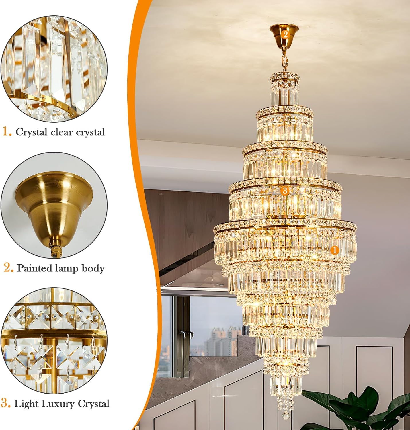 Multi-Layer Spiral Gold Crystal Chandelier - 22in Wide x 53in Tall Luxury Pendant for Foyers
