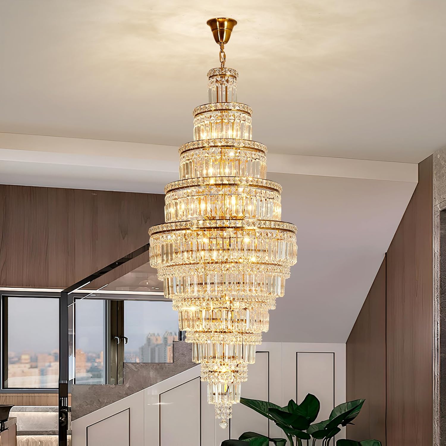 Multi-Layer Spiral Gold Crystal Chandelier - 22in Wide x 53in Tall Luxury Pendant for Foyers