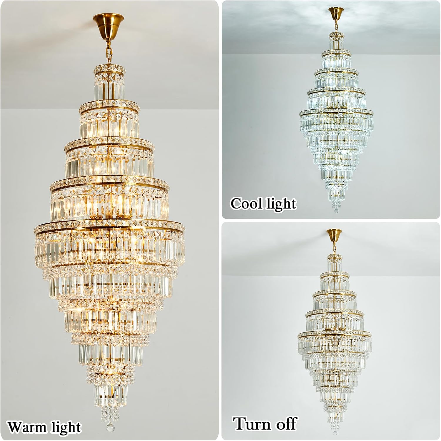 Multi-Layer Spiral Gold Crystal Chandelier - 22in Wide x 53in Tall Luxury Pendant for Foyers