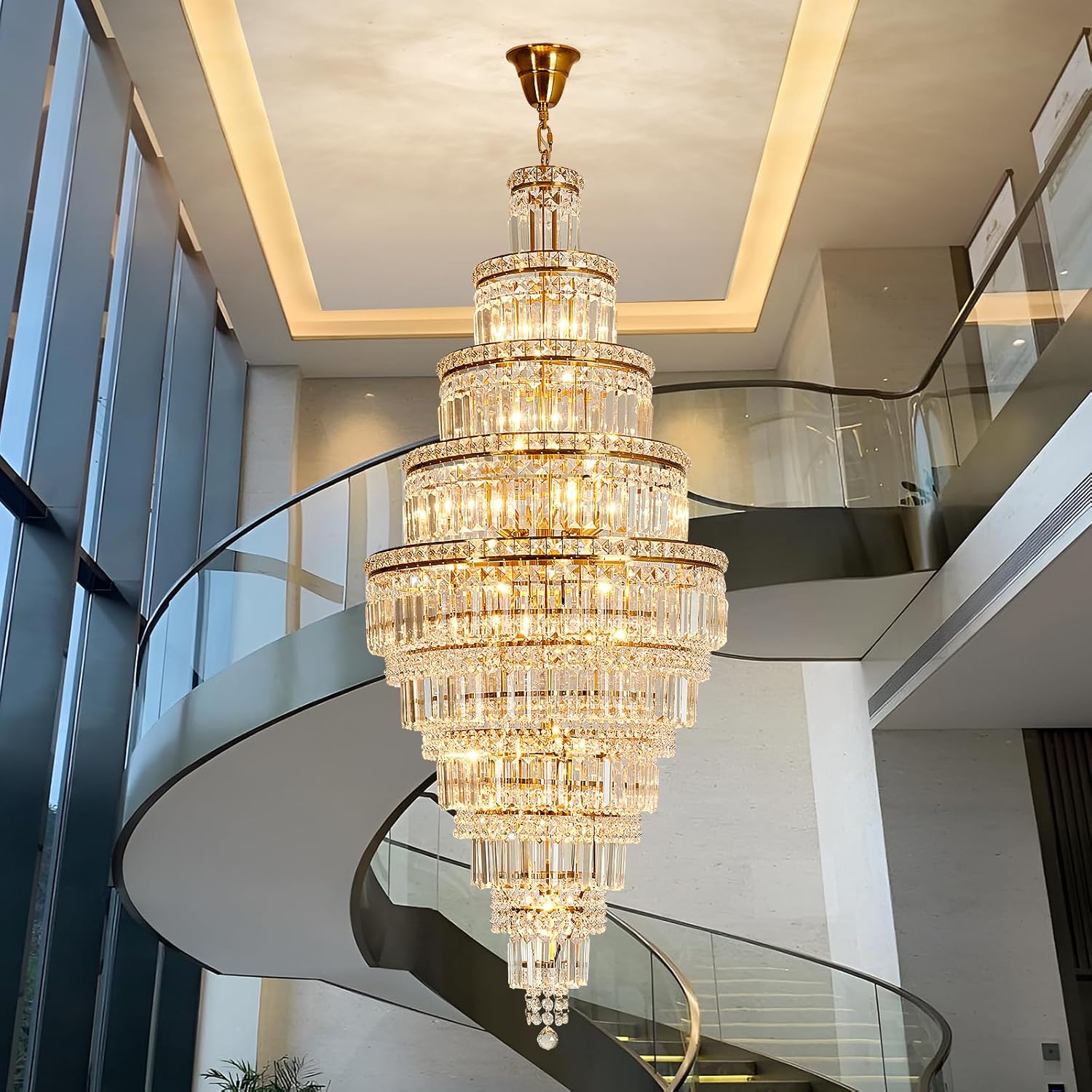 Multi-Layer Spiral Gold Crystal Chandelier - 22in Wide x 53in Tall Luxury Pendant for Foyers