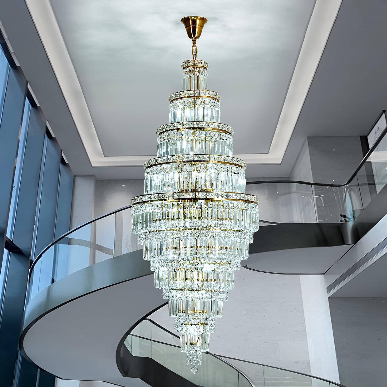 Multi-Layer Spiral Gold Crystal Chandelier - 22in Wide x 53in Tall Luxury Pendant for Foyers
