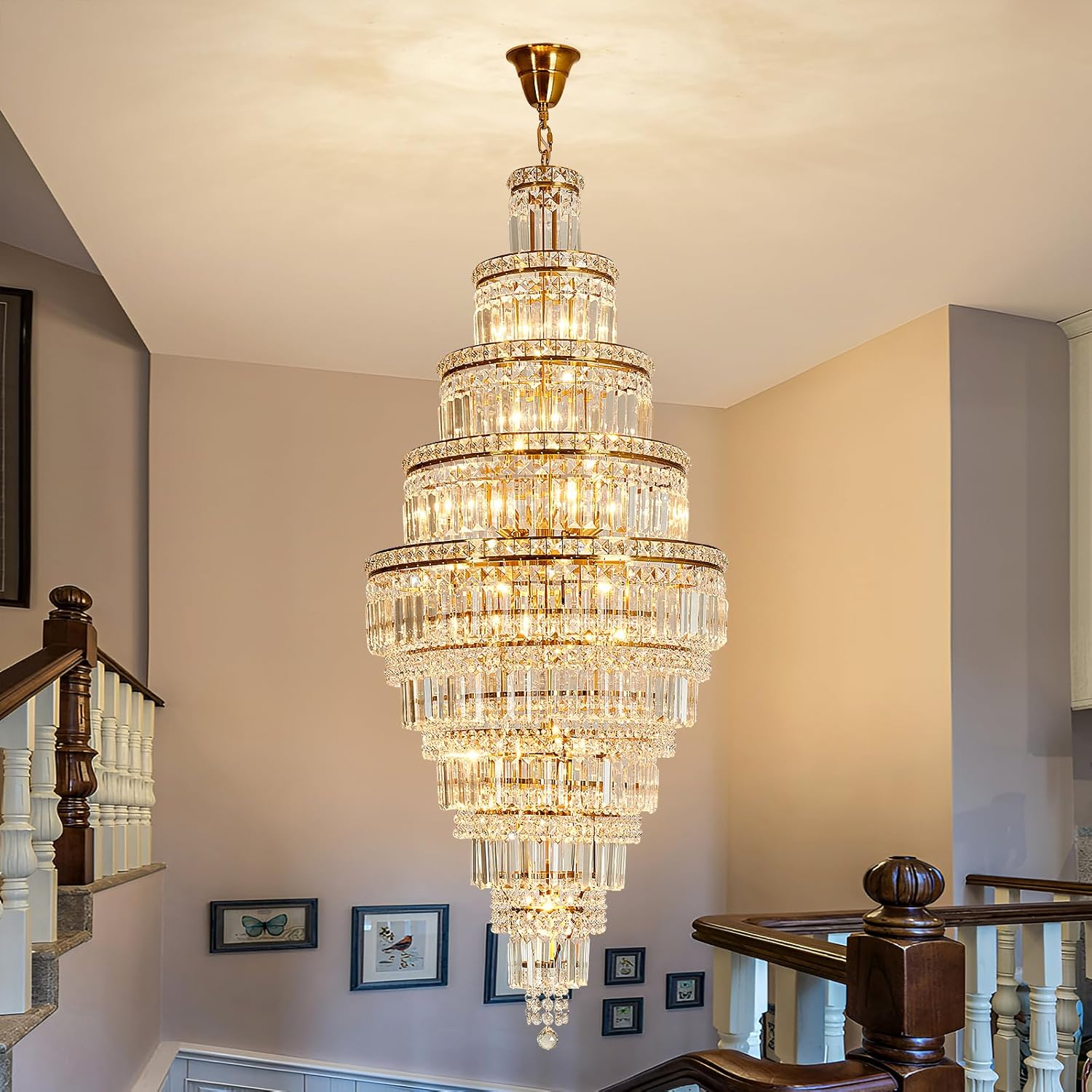 Multi-Layer Spiral Gold Crystal Chandelier - 22in Wide x 53in Tall Luxury Pendant for Foyers