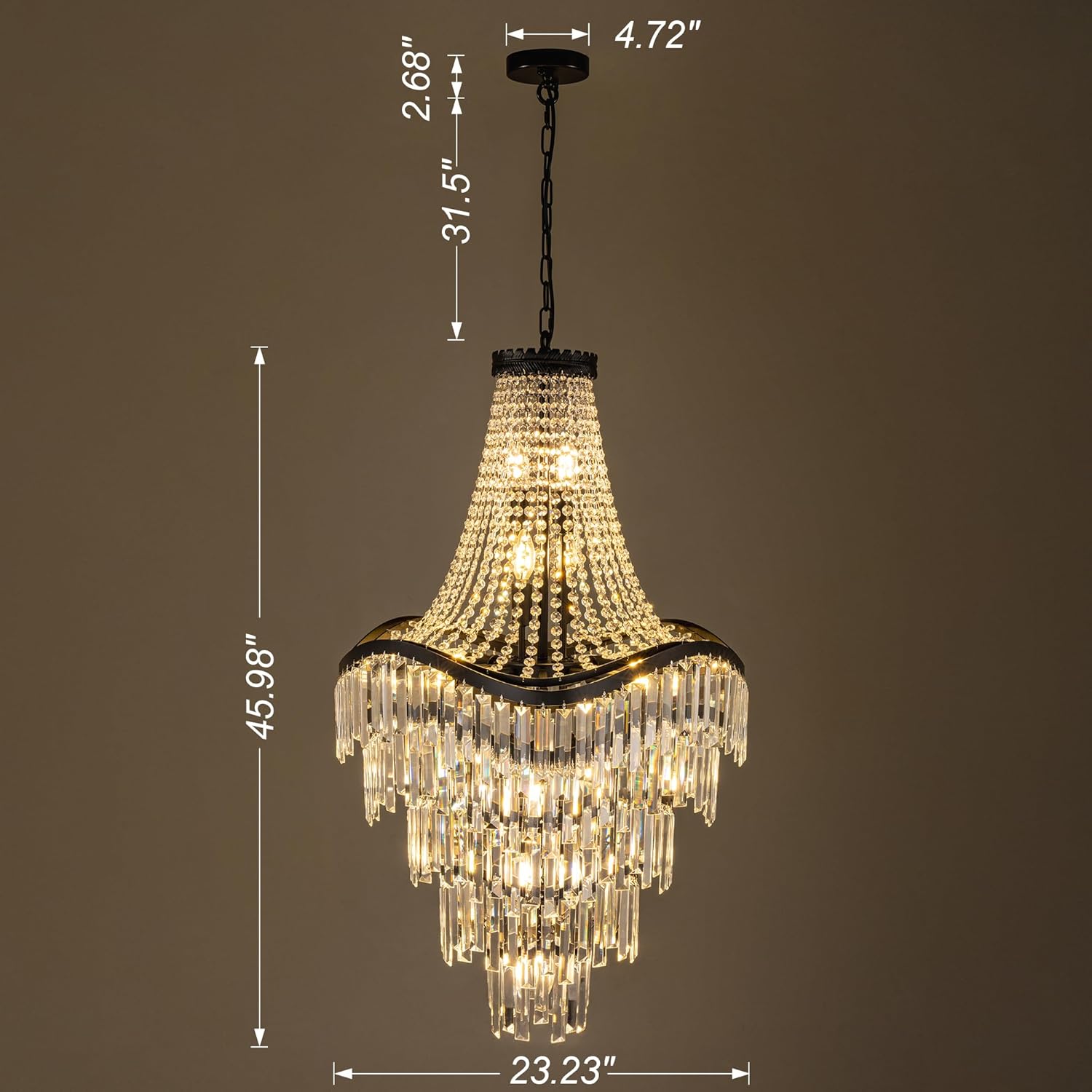 Modern Luxury Crystal Chandelier – Multi-Tier LED Pendant Light with Black Frame and Adjustable Chain for Living Room or Foyer