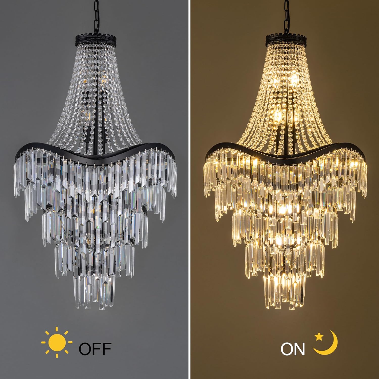 Modern Luxury Crystal Chandelier – Multi-Tier LED Pendant Light with Black Frame and Adjustable Chain for Living Room or Foyer