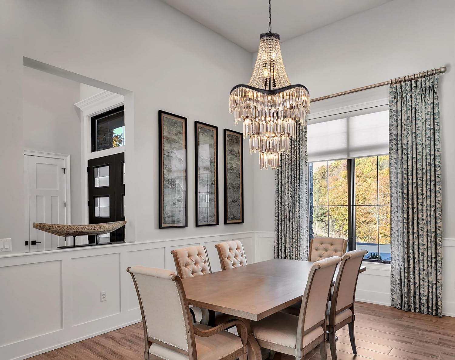 Modern Luxury Crystal Chandelier – Multi-Tier LED Pendant Light with Black Frame and Adjustable Chain for Living Room or Foyer