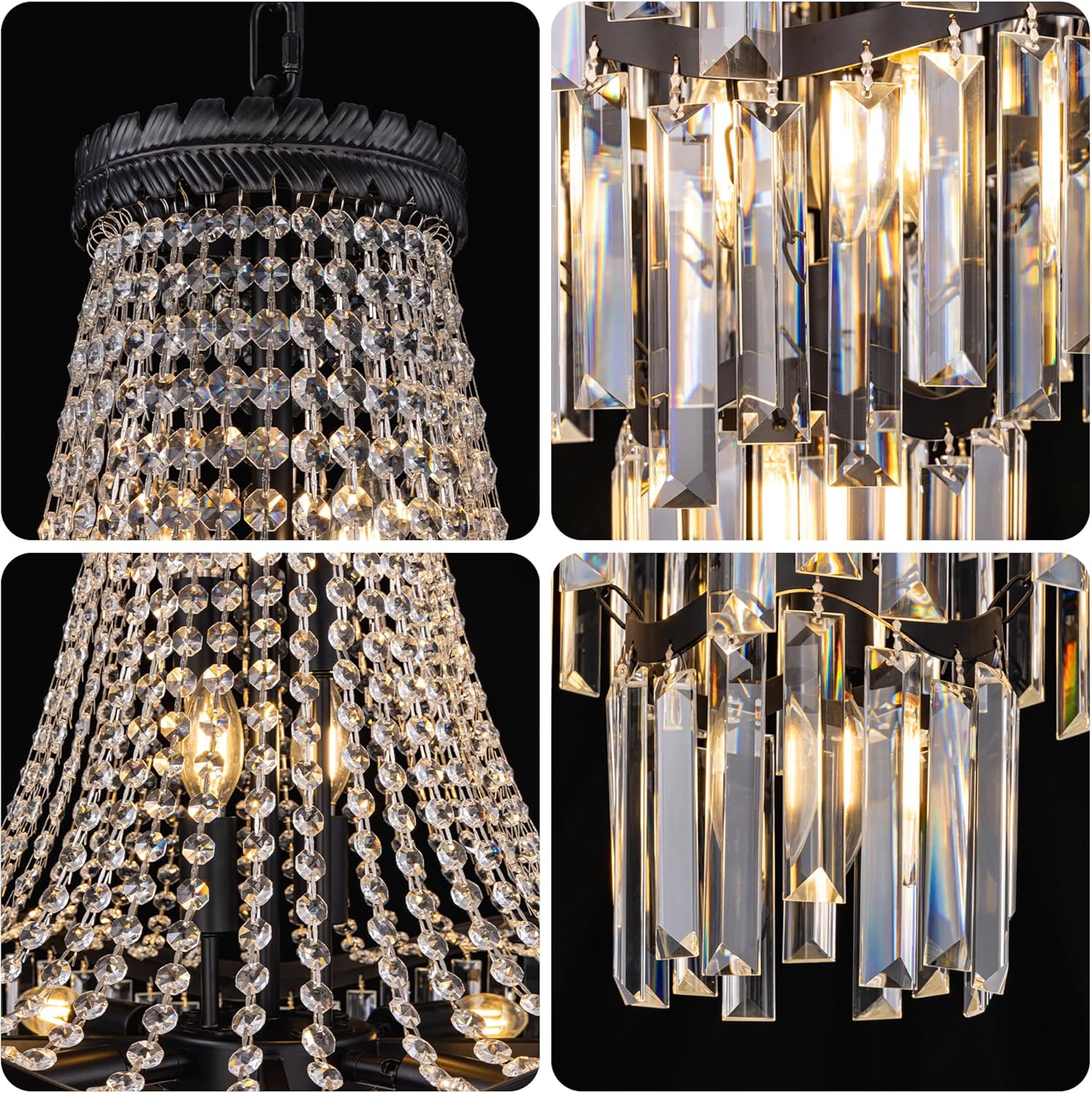 Modern Luxury Crystal Chandelier – Multi-Tier LED Pendant Light with Black Frame and Adjustable Chain for Living Room or Foyer