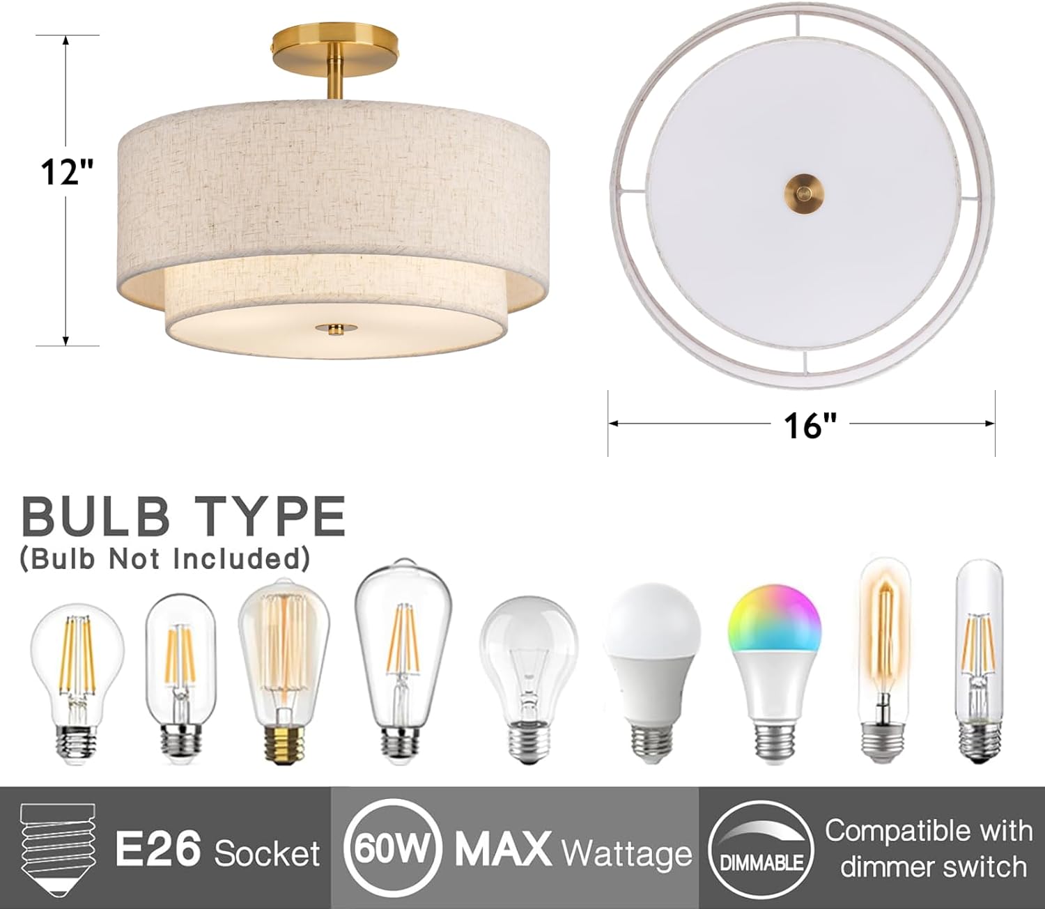 Natural Linen Drum Semi-Flush Mount Ceiling Light – 3-Light Modern Fixture with Gold Hardware