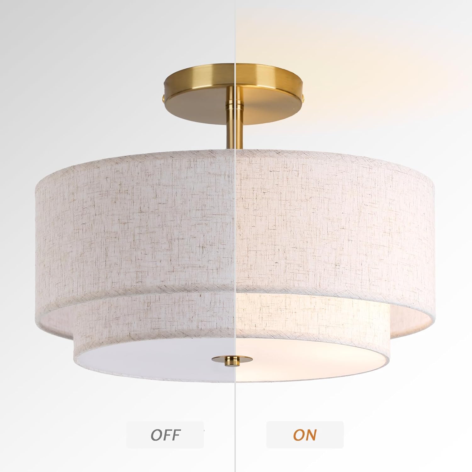 Natural Linen Drum Semi-Flush Mount Ceiling Light – 3-Light Modern Fixture with Gold Hardware