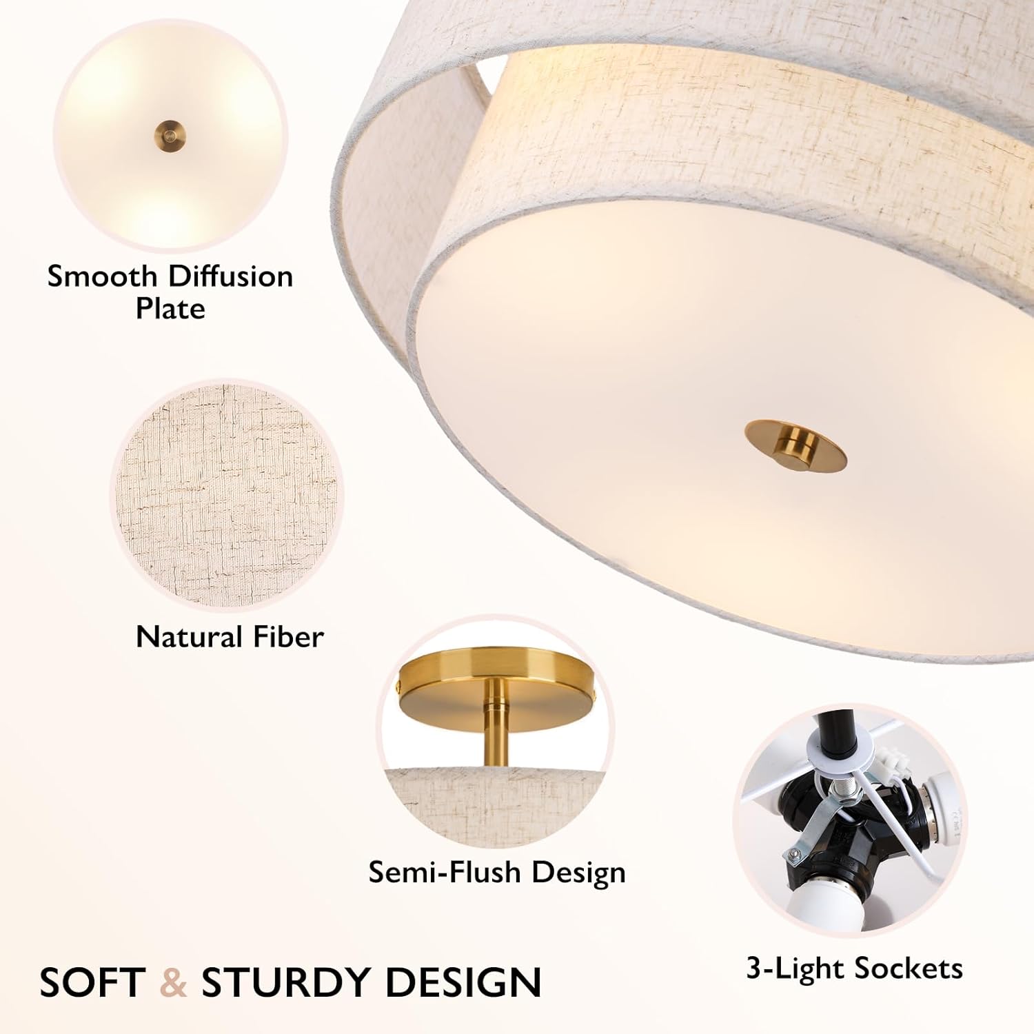 Natural Linen Drum Semi-Flush Mount Ceiling Light – 3-Light Modern Fixture with Gold Hardware