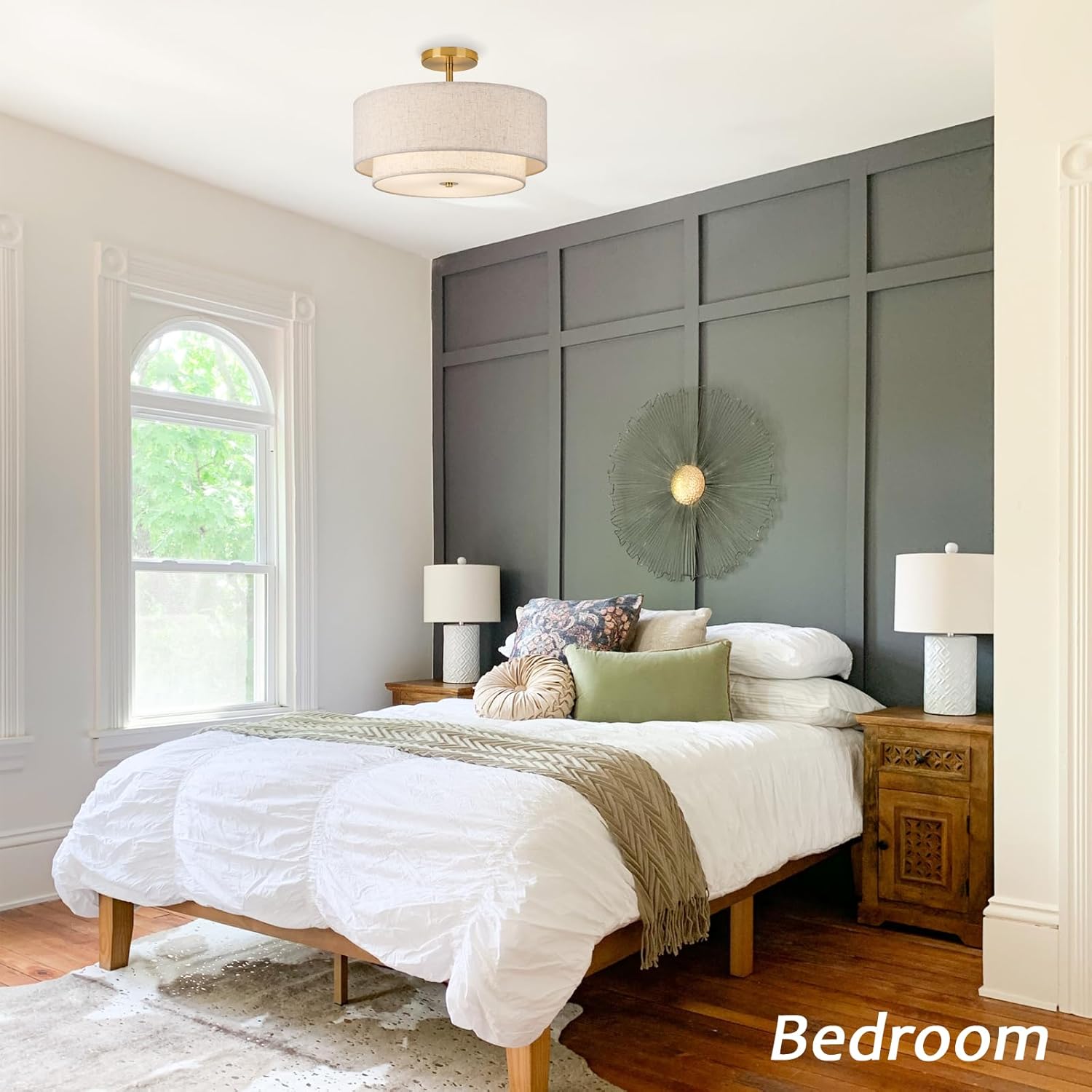 Natural Linen Drum Semi-Flush Mount Ceiling Light – 3-Light Modern Fixture with Gold Hardware