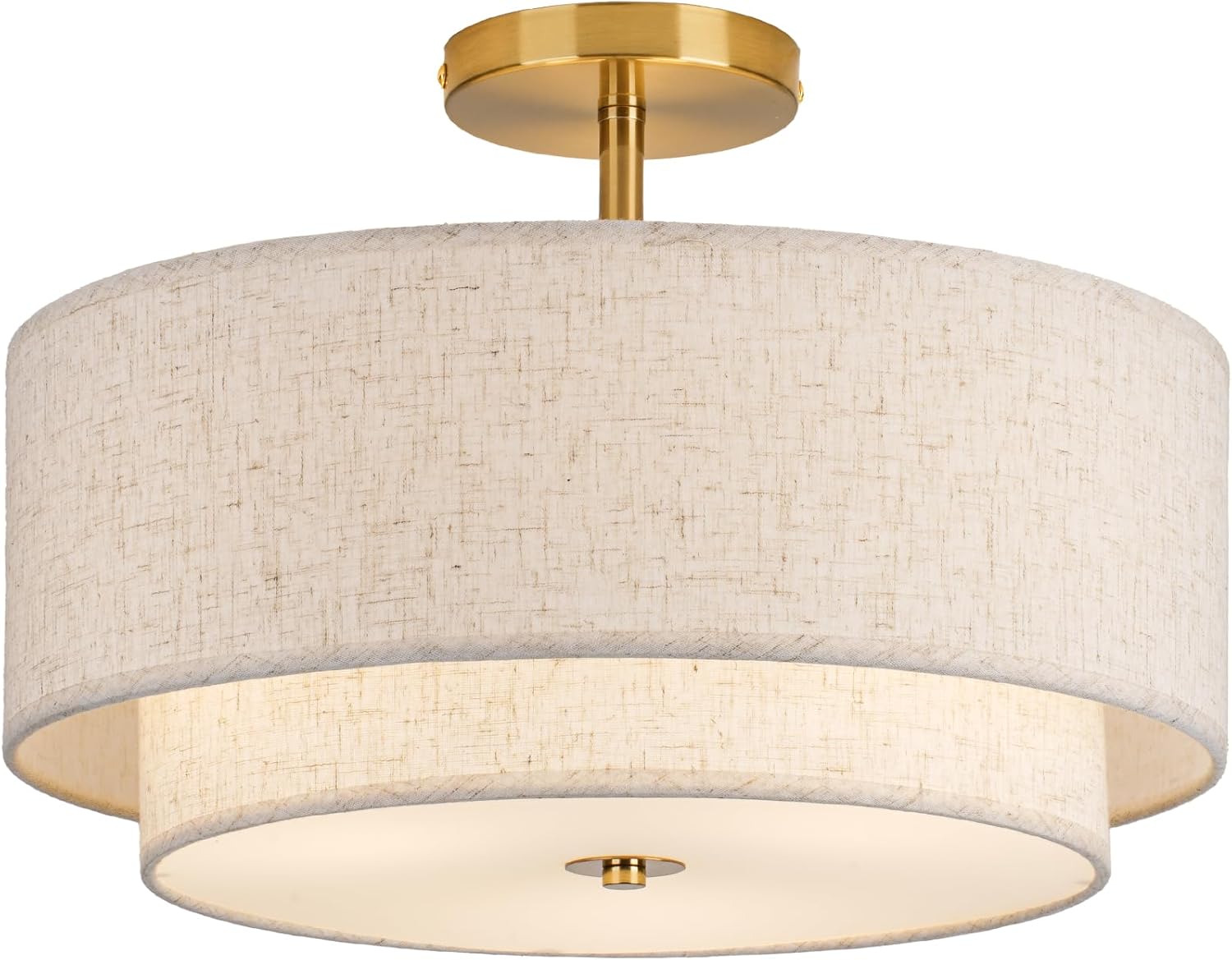 Natural Linen Drum Semi-Flush Mount Ceiling Light – 3-Light Modern Fixture with Gold Hardware
