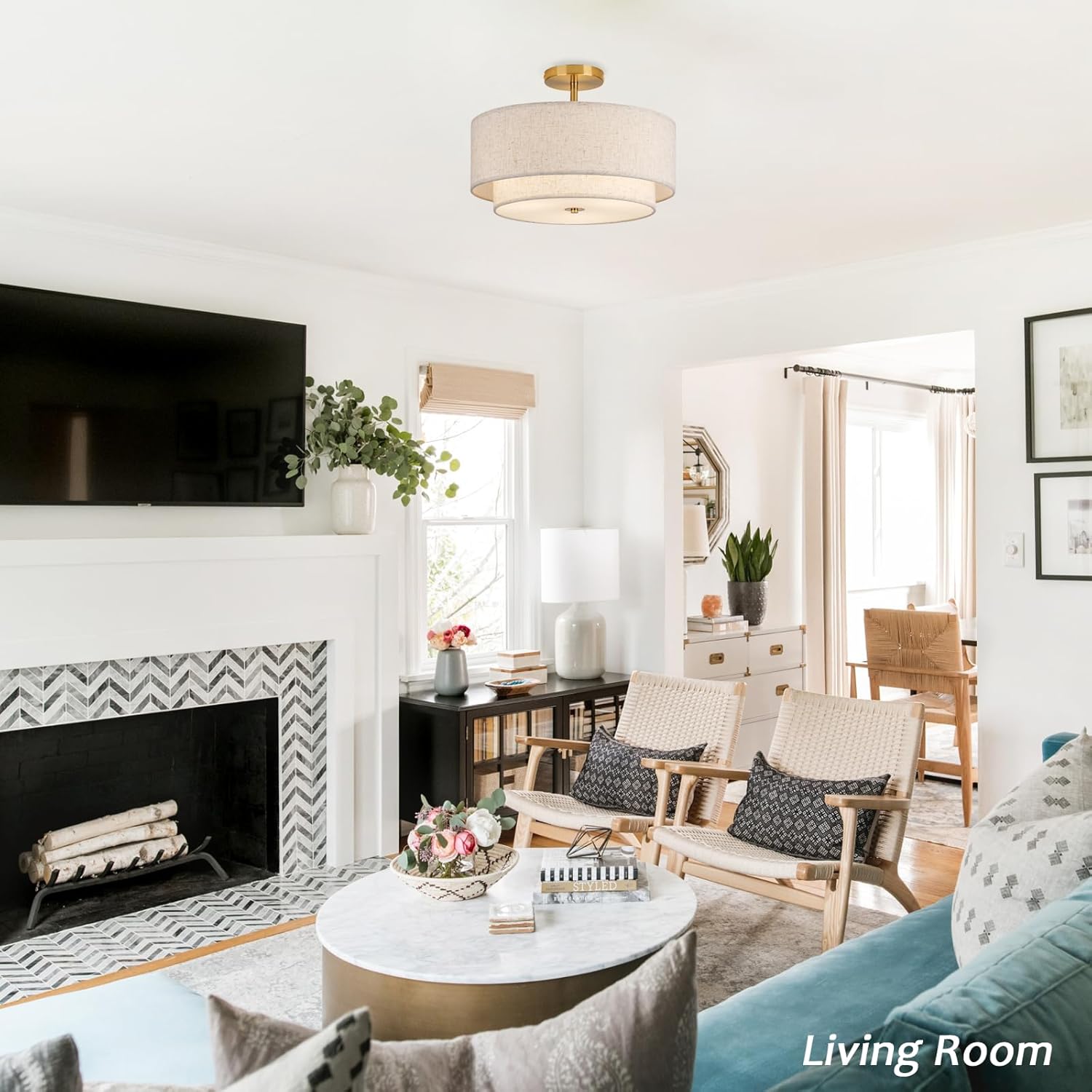 Natural Linen Drum Semi-Flush Mount Ceiling Light – 3-Light Modern Fixture with Gold Hardware