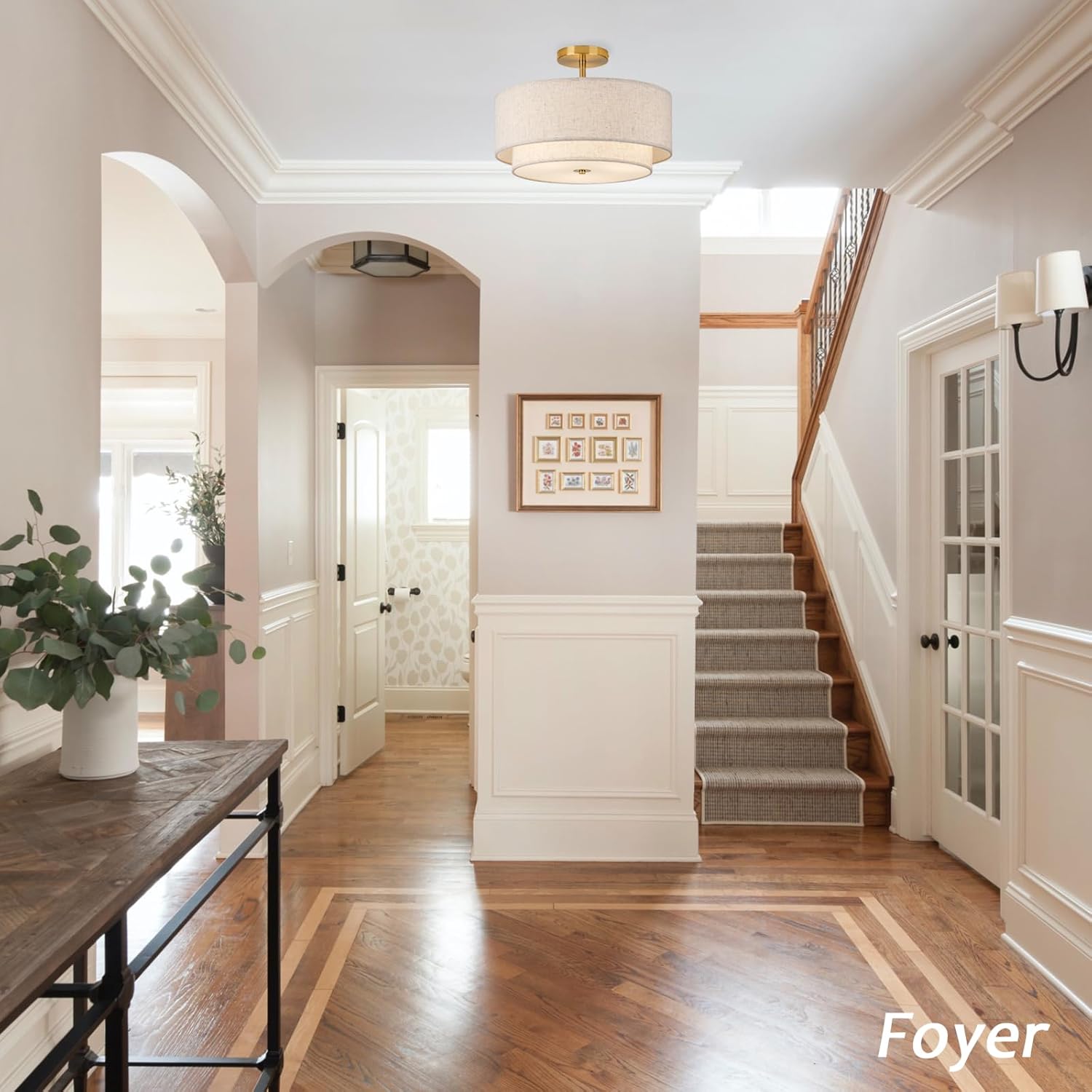 Natural Linen Drum Semi-Flush Mount Ceiling Light – 3-Light Modern Fixture with Gold Hardware