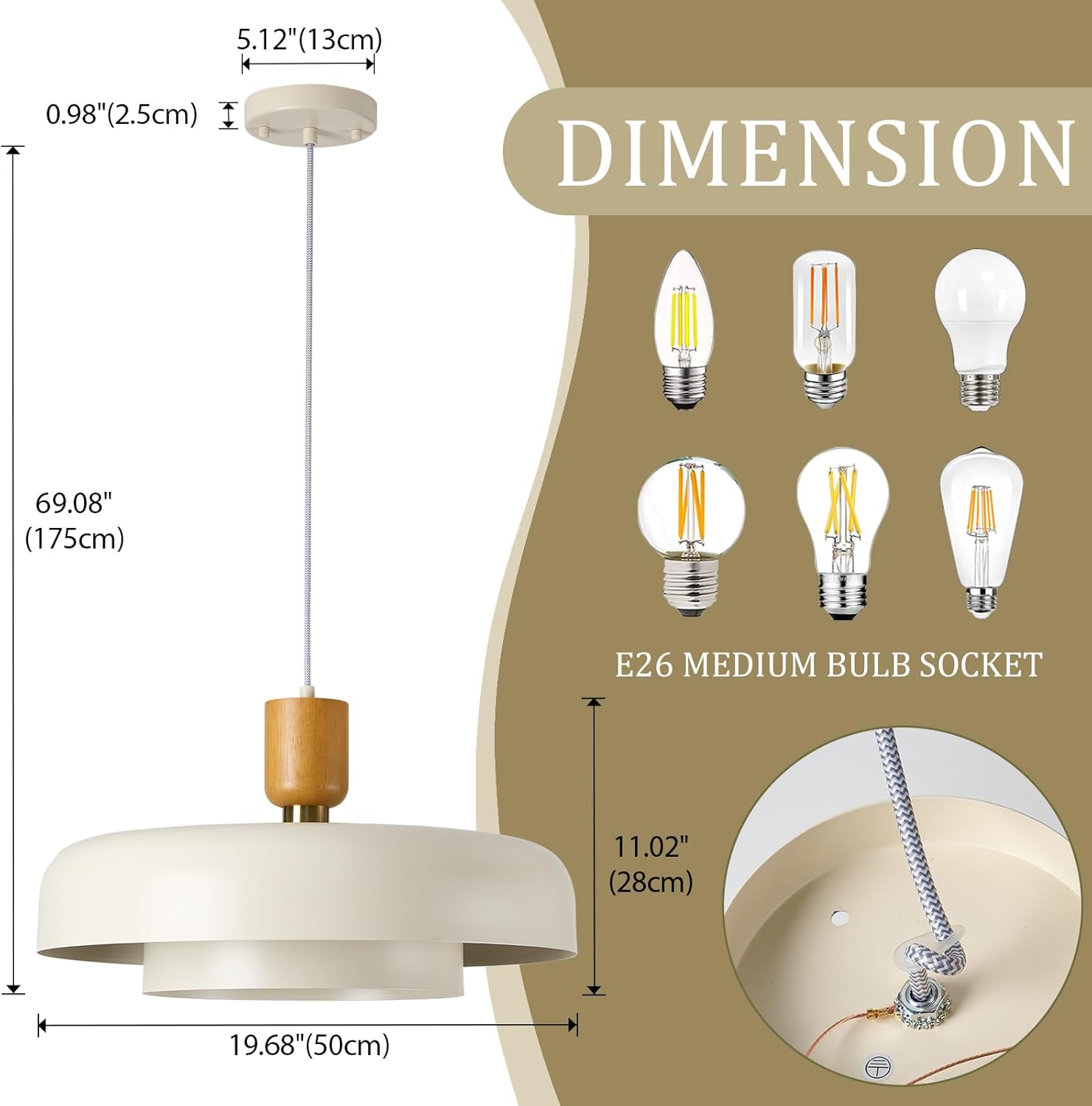 Modern Nordic Cream White Pendant Light with Wood - E26 LED Ceiling Lamp