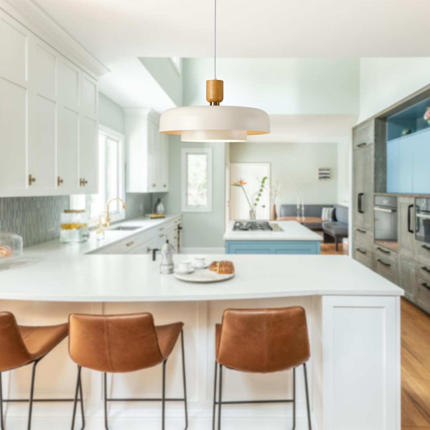 Modern Nordic Cream White Pendant Light with Wood - E26 LED Ceiling Lamp