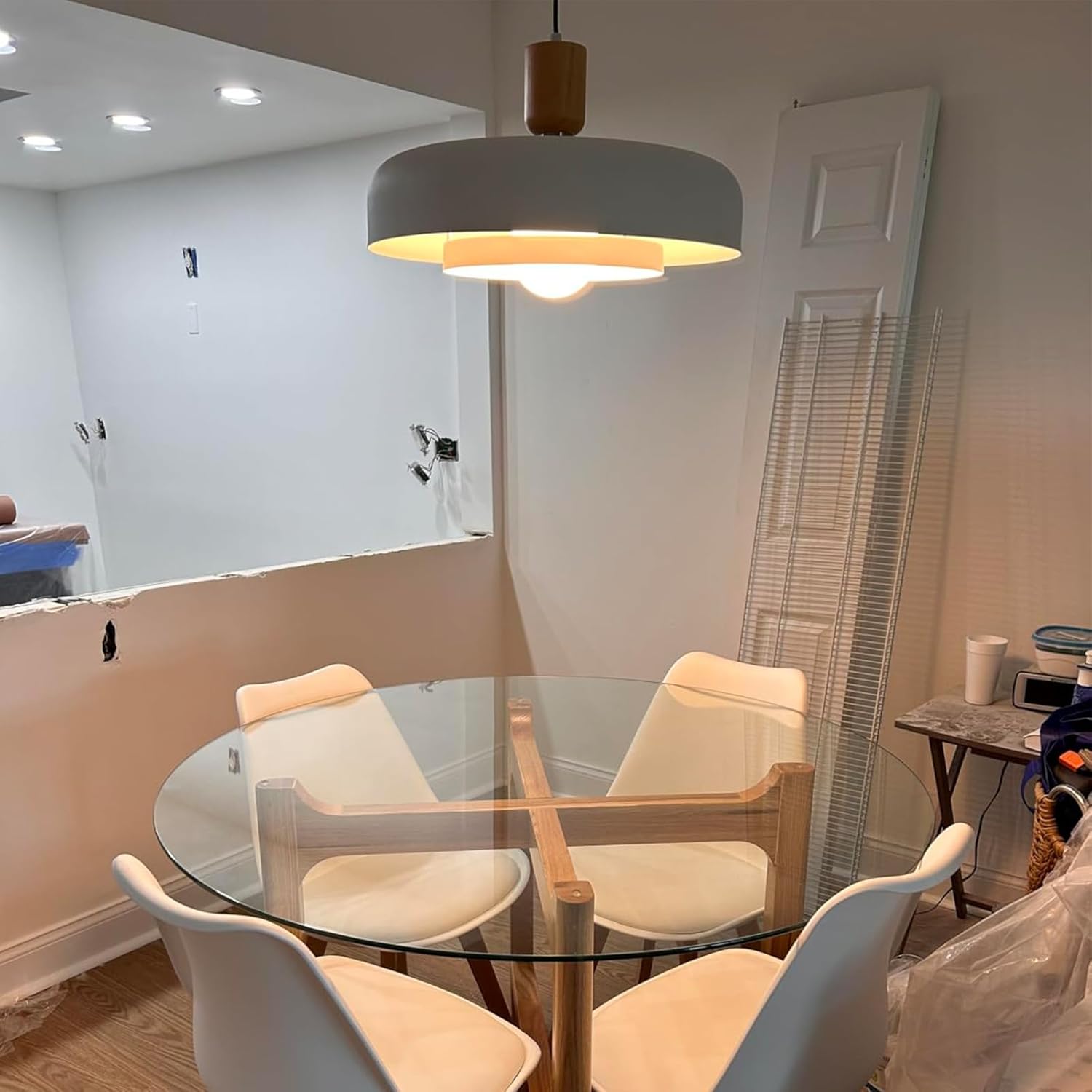 Modern Nordic Cream White Pendant Light with Wood - E26 LED Ceiling Lamp