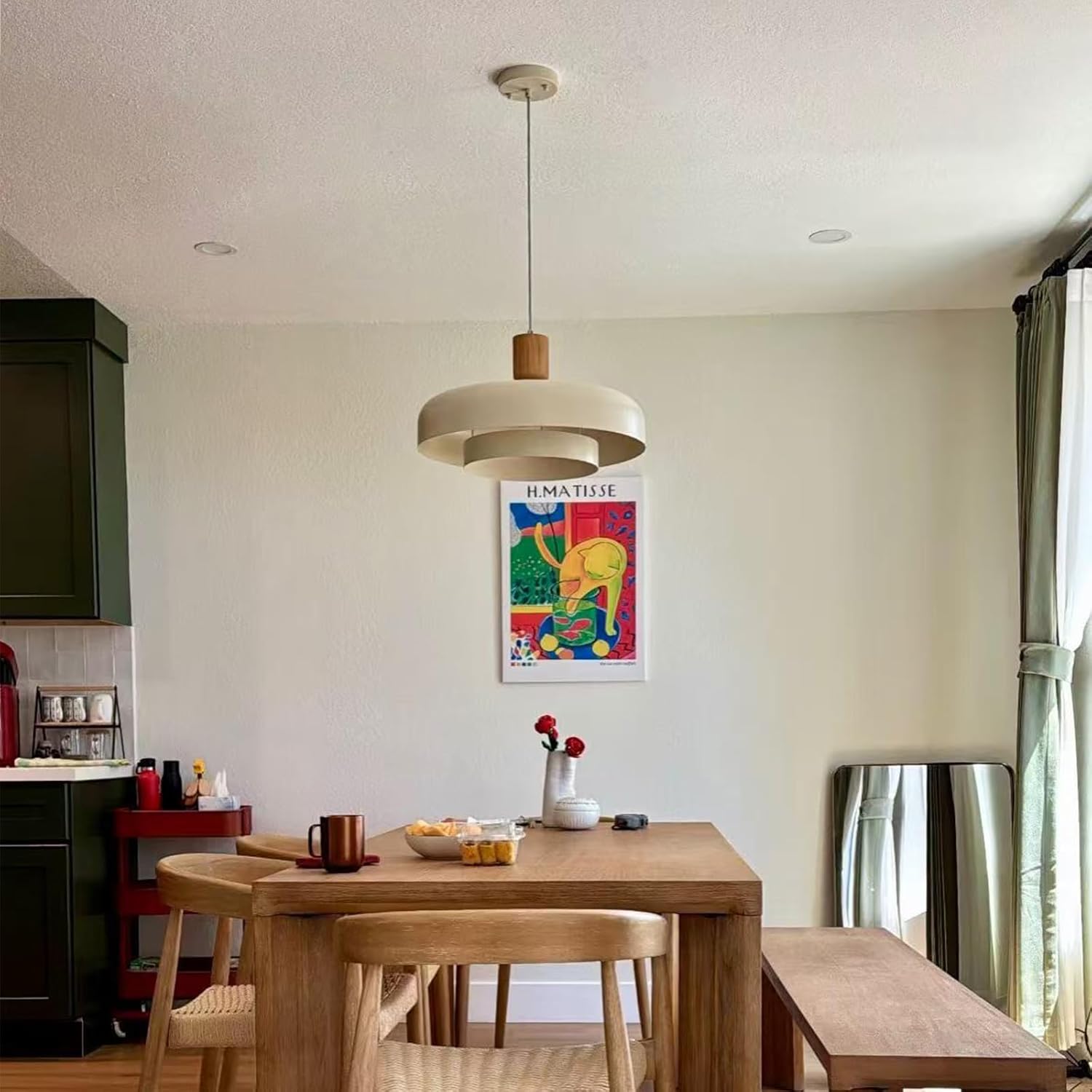 Modern Nordic Cream White Pendant Light with Wood - E26 LED Ceiling Lamp