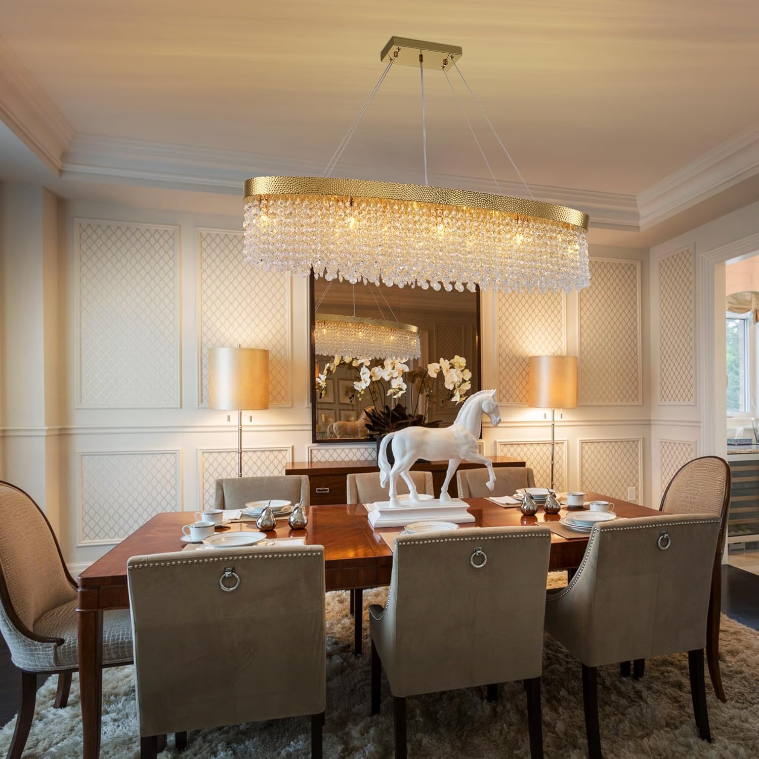 Luxury Oval Gold Crystal Chandelier - 40'' Raindrop K9 Pendant Light with Adjustable Cables and G9 Sockets