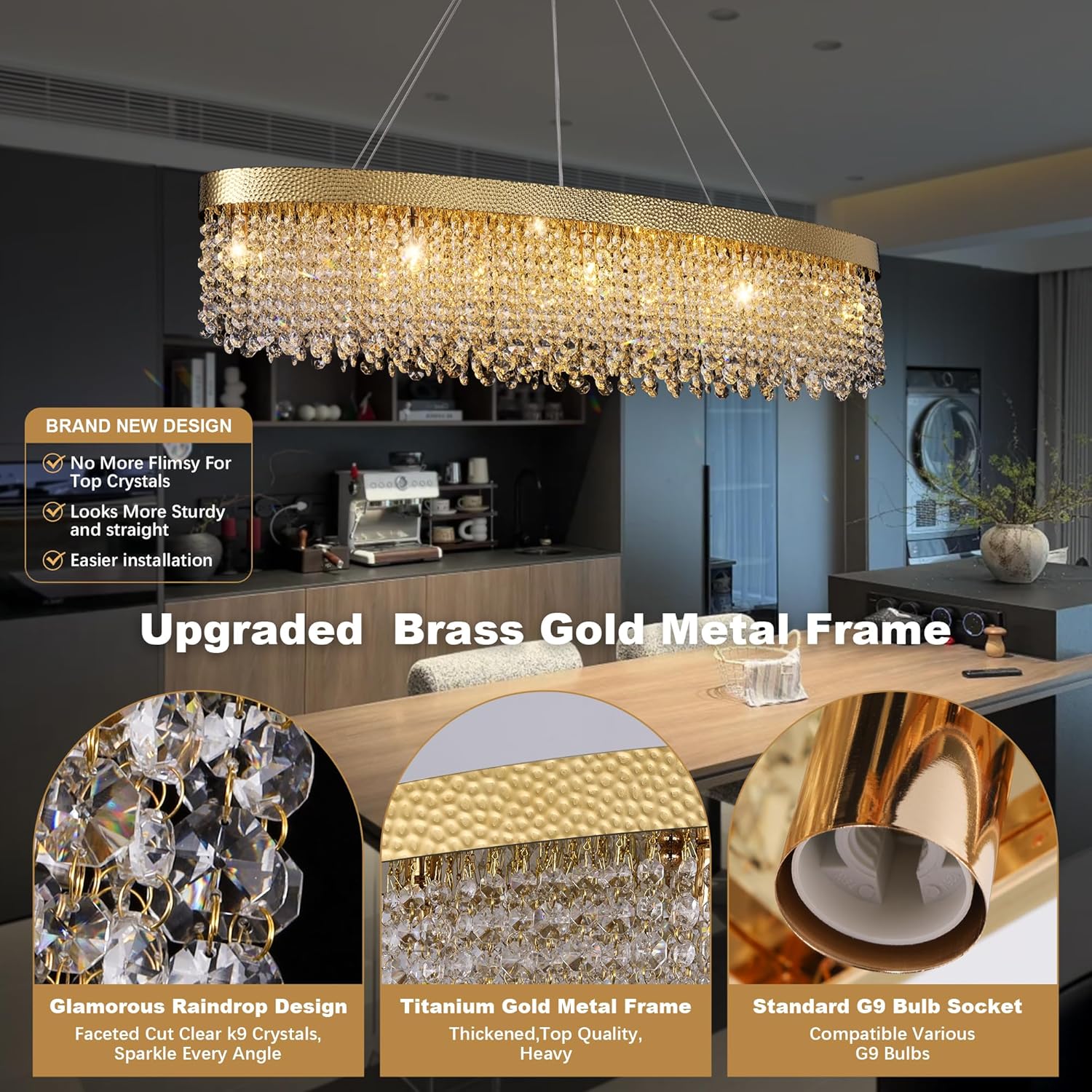 Luxury Oval Gold Crystal Chandelier - 40'' Raindrop K9 Pendant Light with Adjustable Cables and G9 Sockets