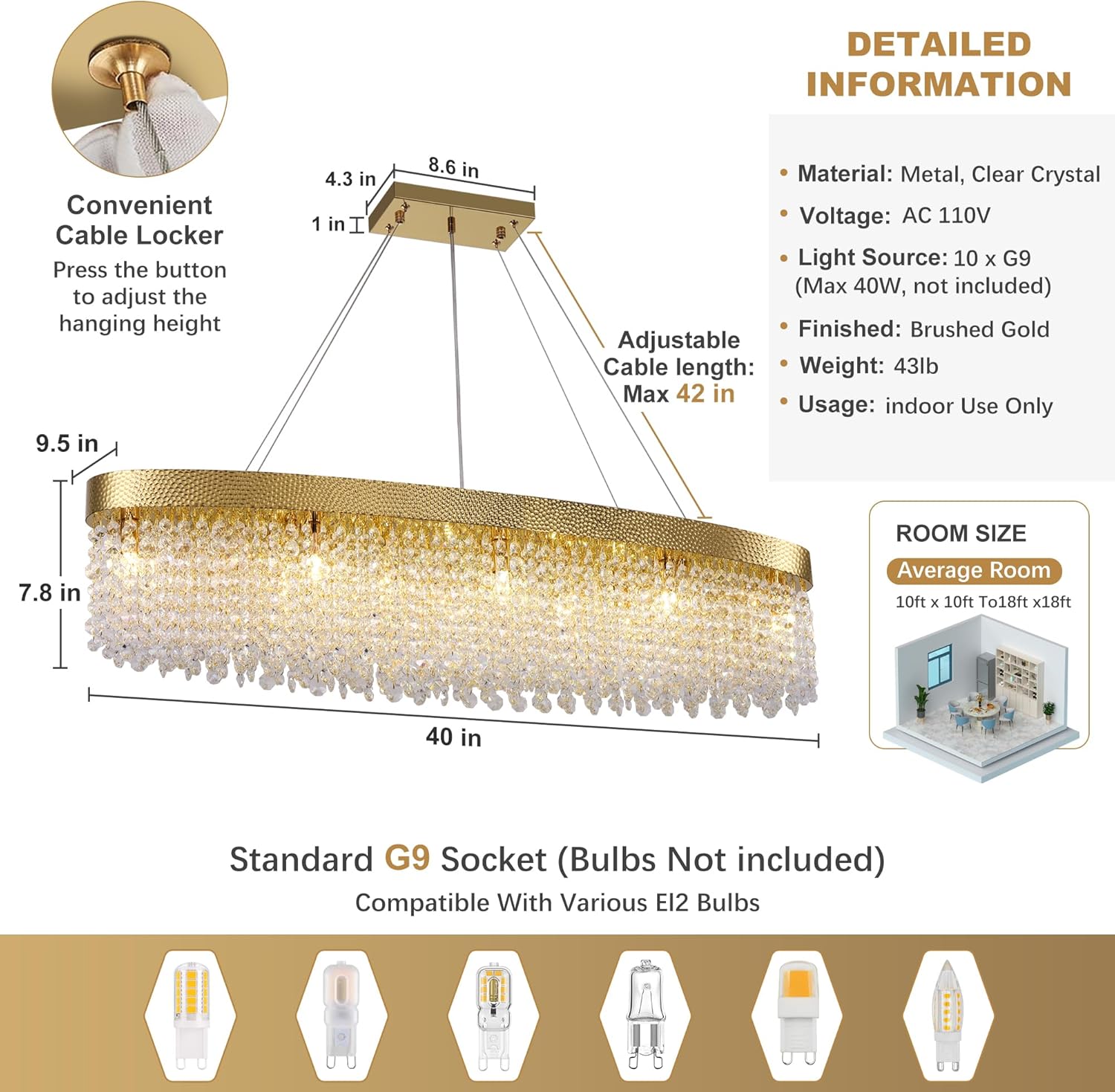 Luxury Oval Gold Crystal Chandelier - 40'' Raindrop K9 Pendant Light with Adjustable Cables and G9 Sockets