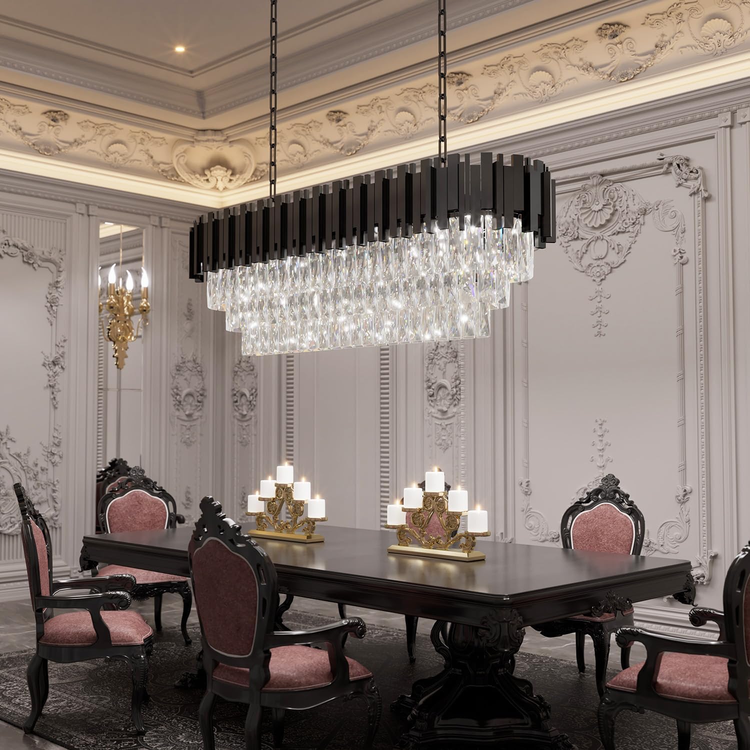 Modern Luxury Rectangular Black Crystal Chandelier – 40” Island Pendant Light with E12 Sockets, Adjustable Height