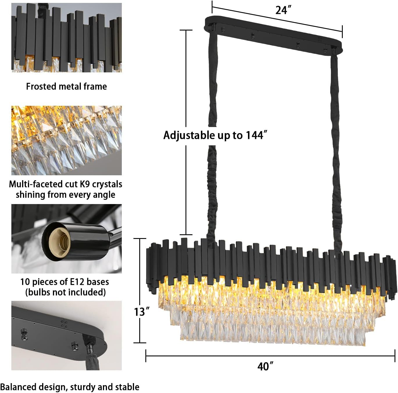 Modern Luxury Rectangular Black Crystal Chandelier – 40” Island Pendant Light with E12 Sockets, Adjustable Height