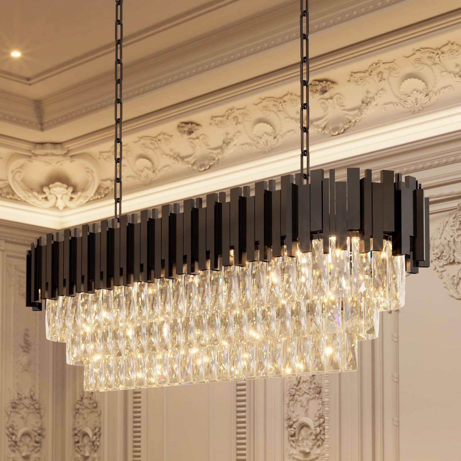 Modern Luxury Rectangular Black Crystal Chandelier – 40” Island Pendant Light with E12 Sockets, Adjustable Height