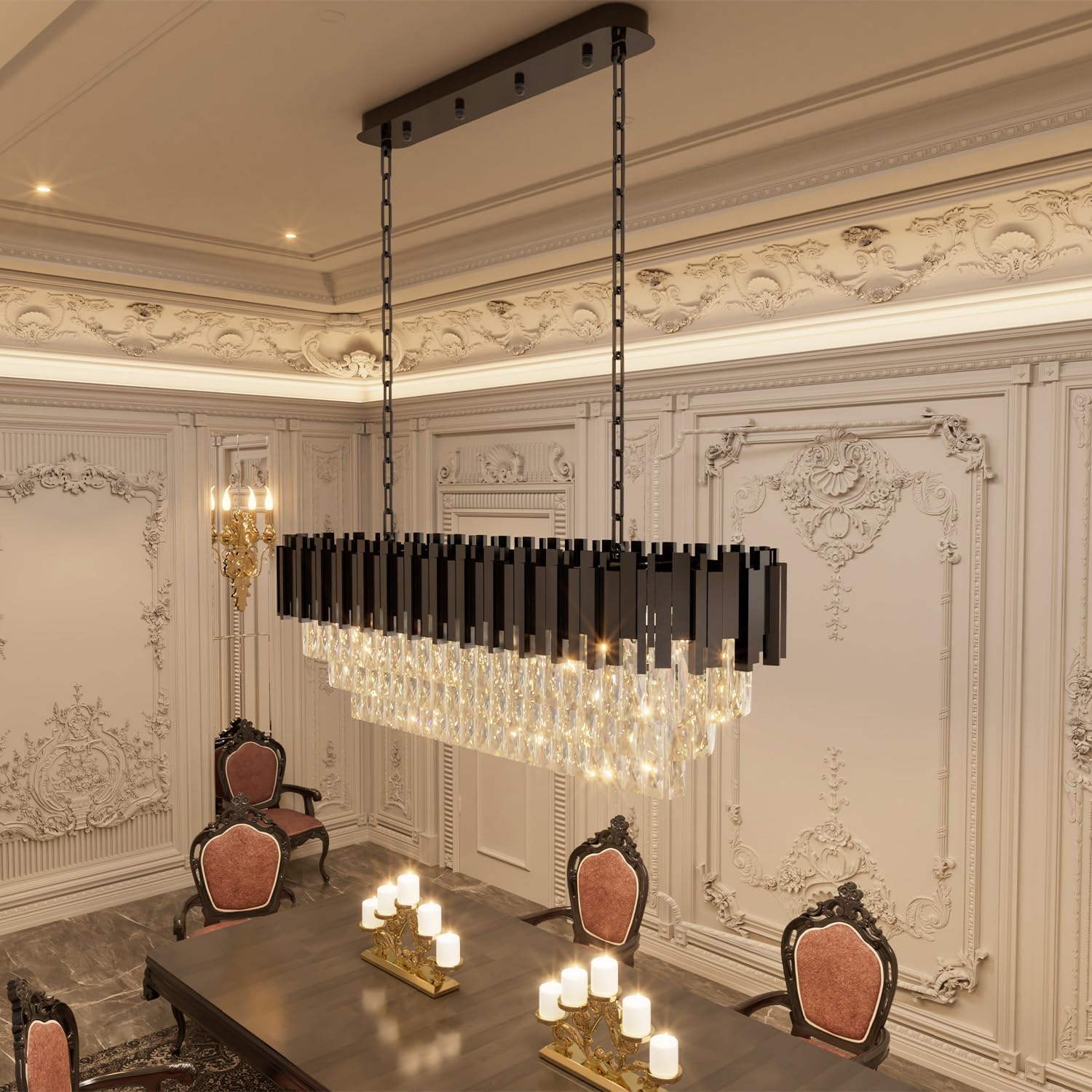 Modern Luxury Rectangular Black Crystal Chandelier – 40” Island Pendant Light with E12 Sockets, Adjustable Height